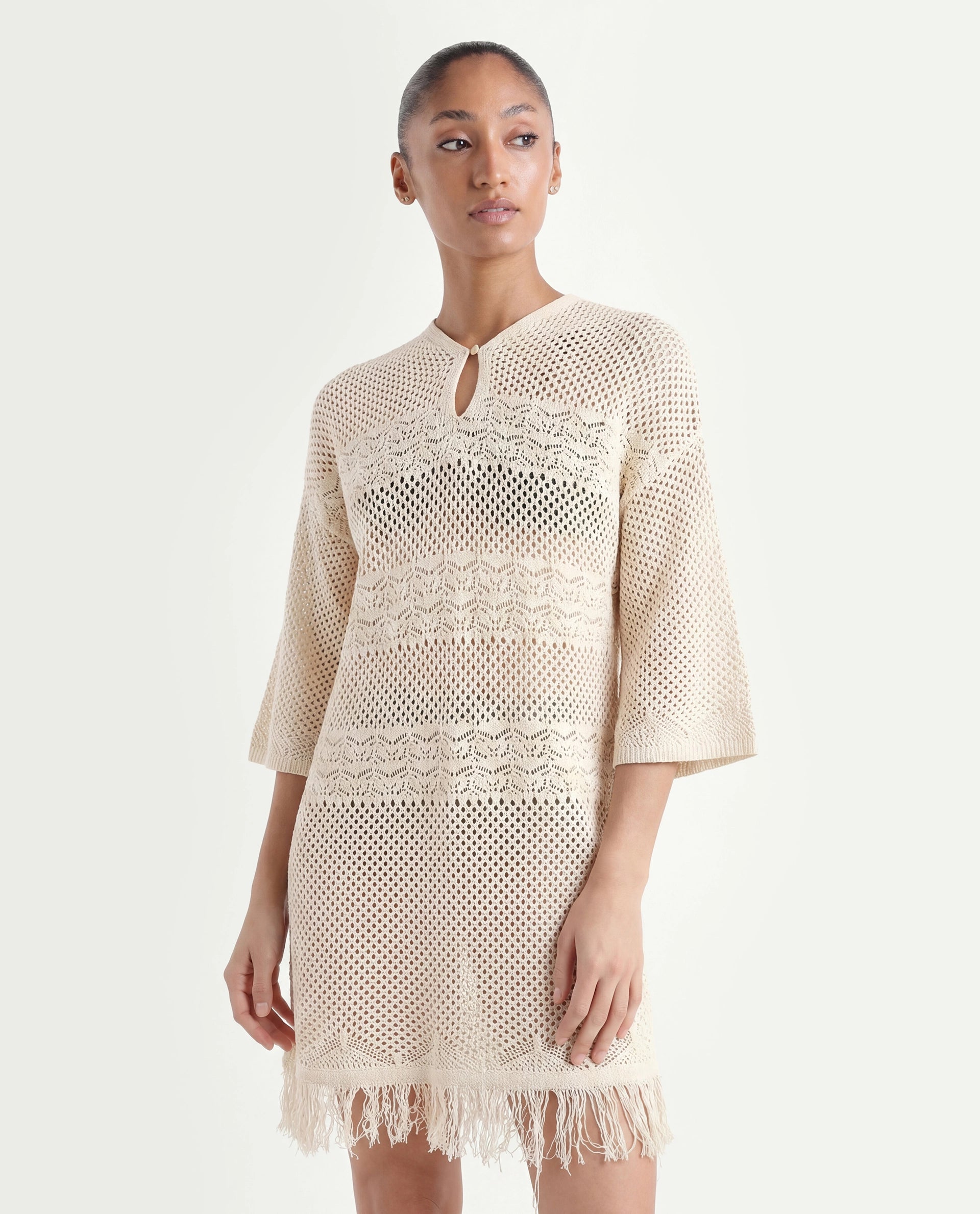 Rareism Women's Mitsuko Off White Cotton Key Hole Neck Plain Knee Length Relaxed Fit Dress