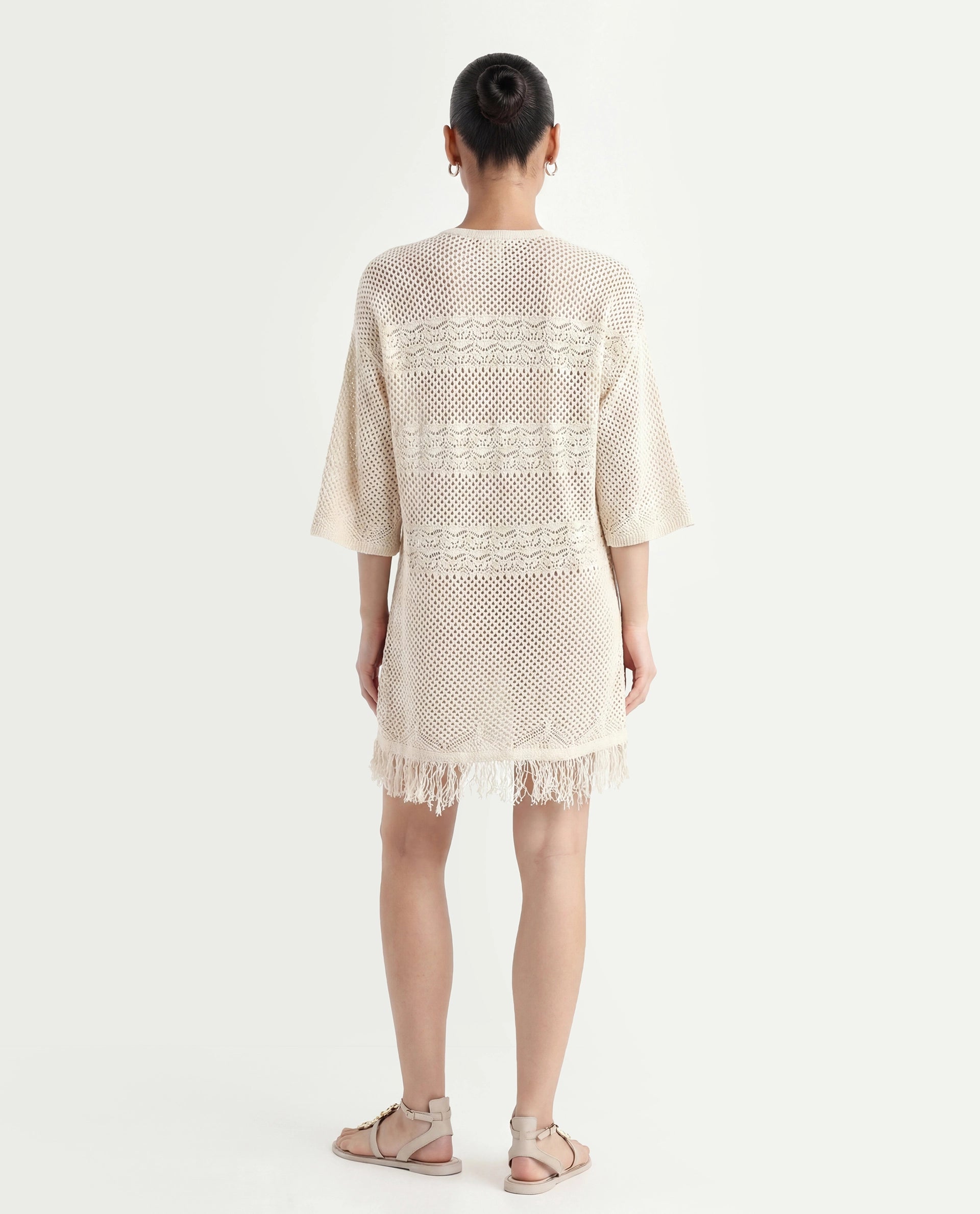 Rareism Women's Mitsuko Off White Cotton Key Hole Neck Plain Knee Length Relaxed Fit Dress