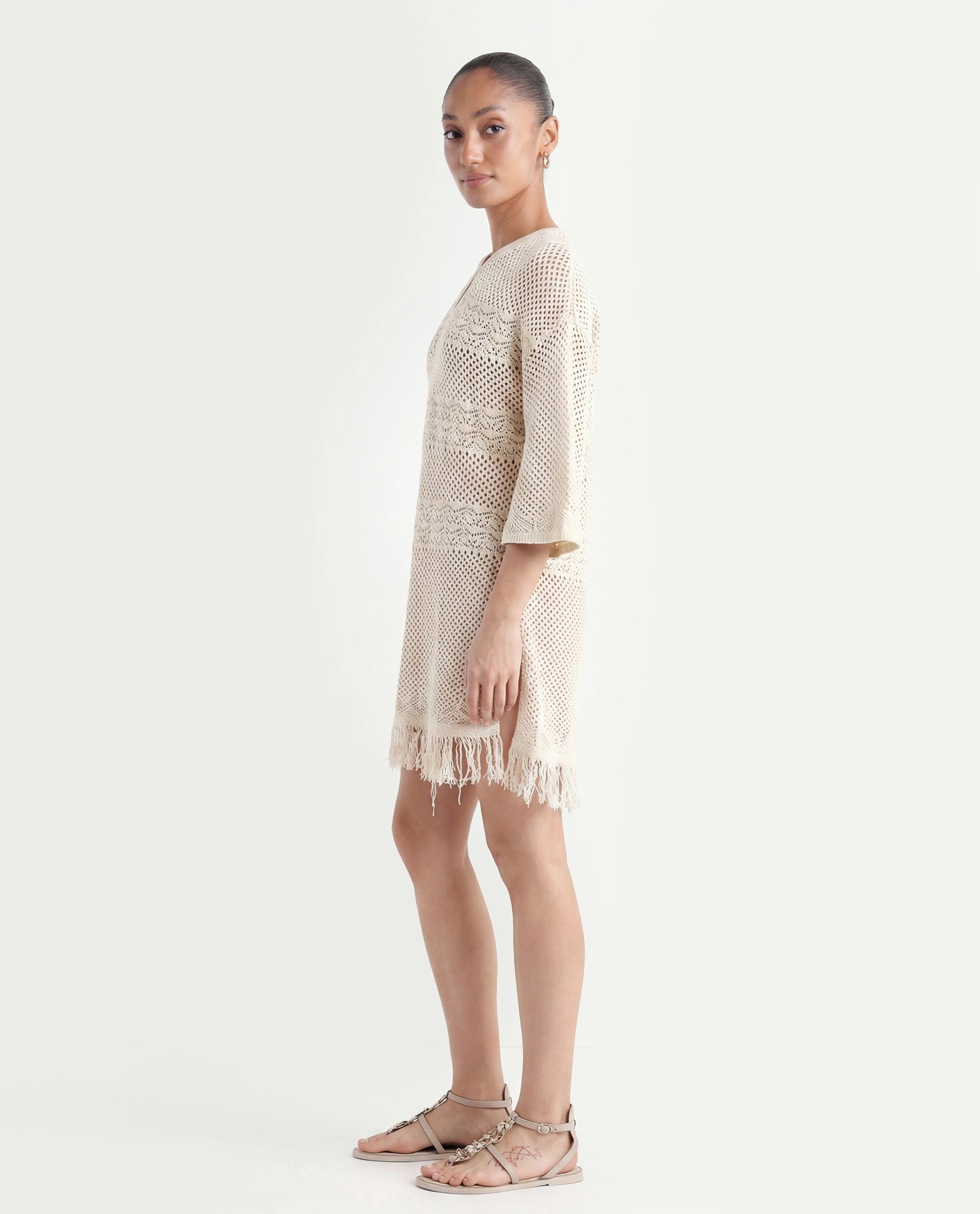 Rareism Women's Mitsuko Off White Cotton Key Hole Neck Plain Knee Length Relaxed Fit Dress