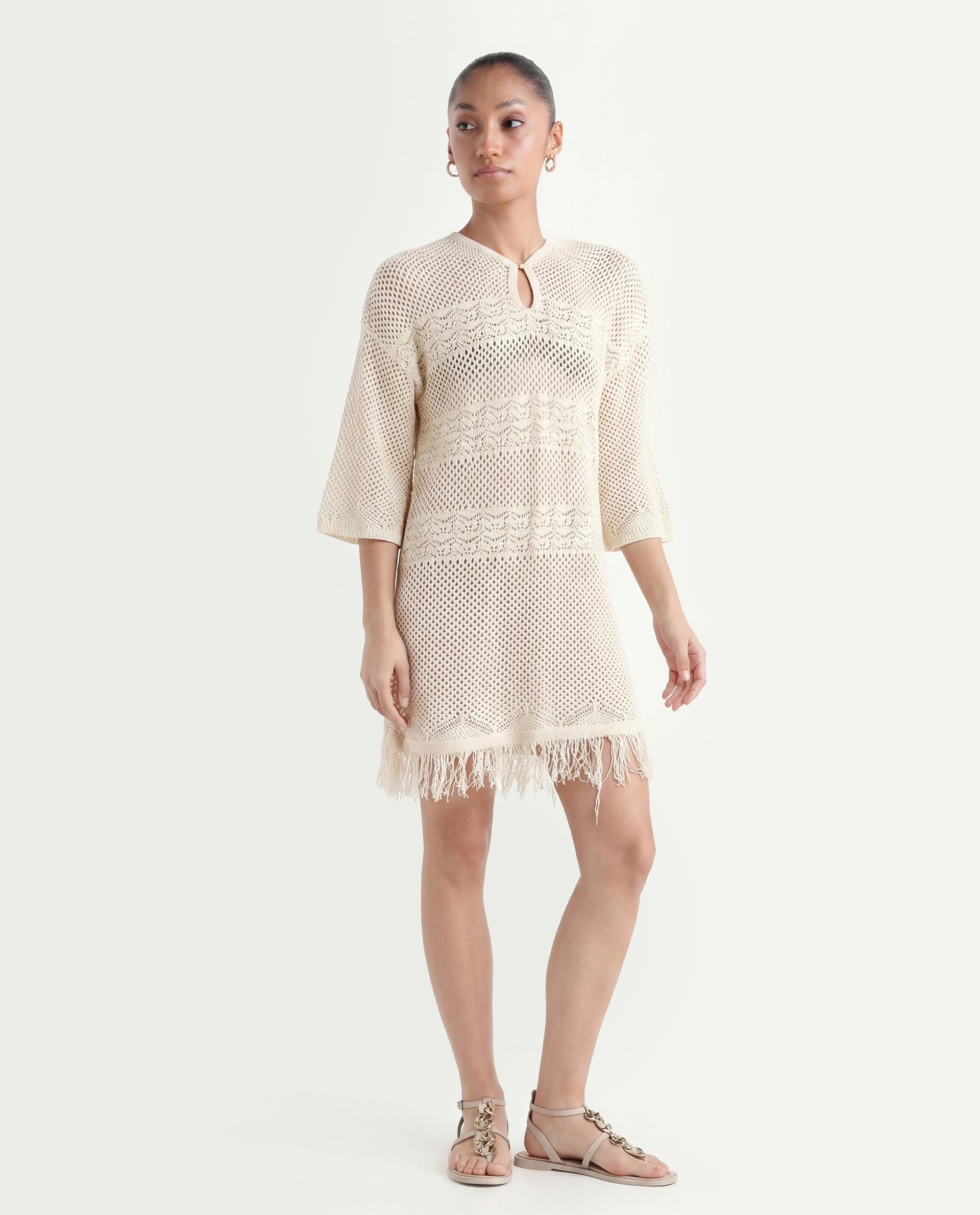 Rareism Women's Mitsuko Off White Cotton Key Hole Neck Plain Knee Length Relaxed Fit Dress