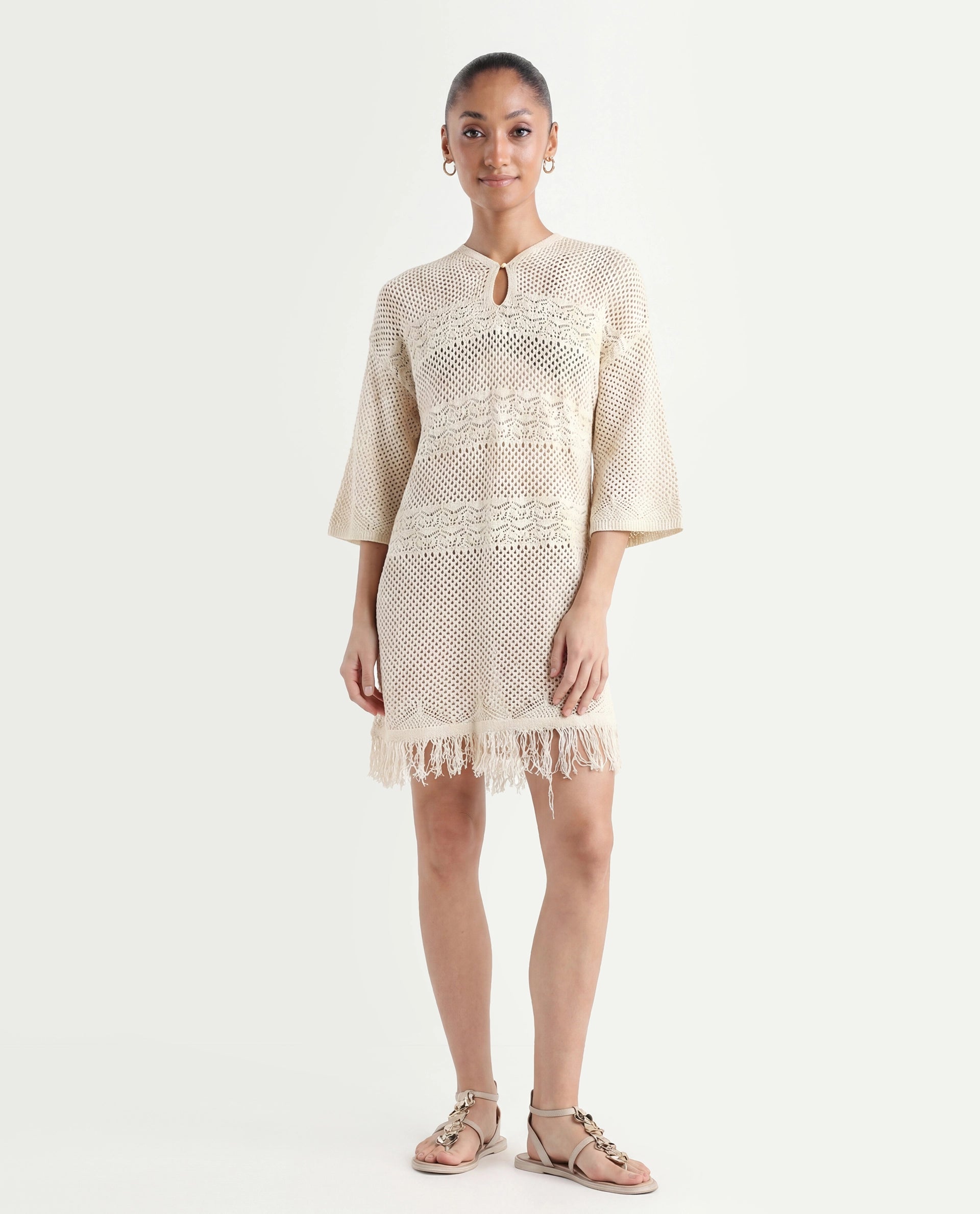 Rareism Women's Mitsuko Off White Cotton Key Hole Neck Plain Knee Length Relaxed Fit Dress