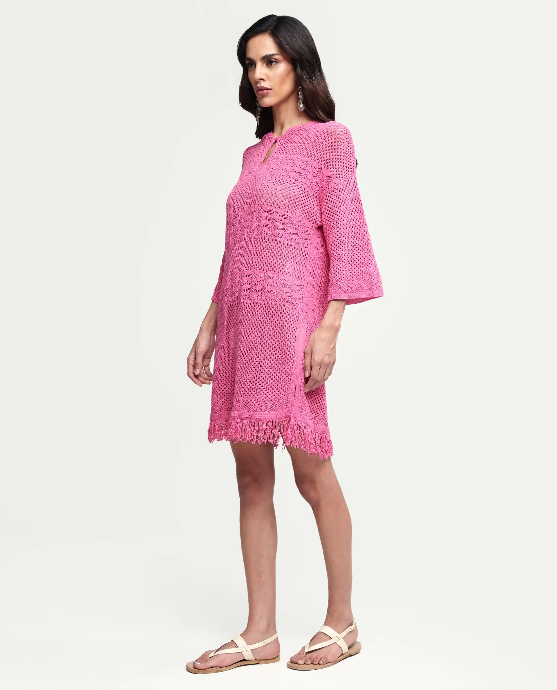 Rareism Women's Mitsuko Pink Cotton Key Hole Neck Plain Knee Length Relaxed Fit Dress