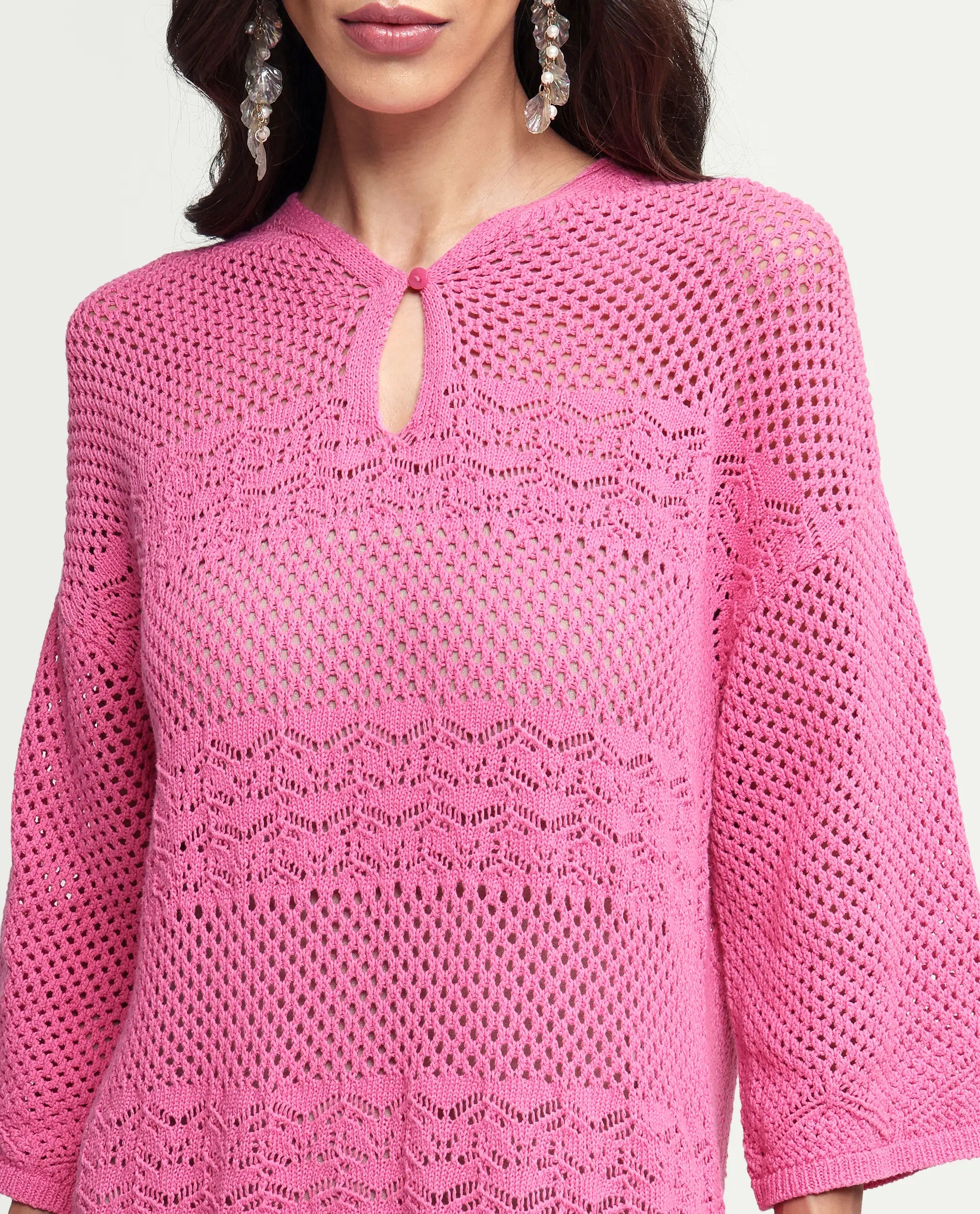 Rareism Women's Mitsuko Pink Cotton Key Hole Neck Plain Knee Length Relaxed Fit Dress