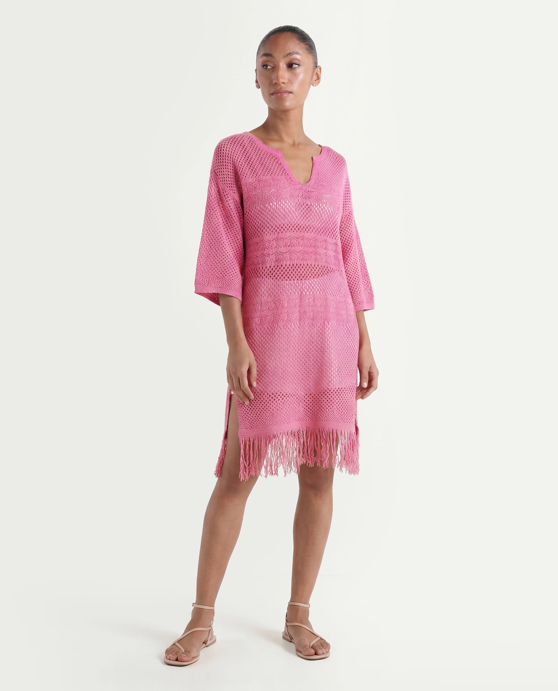 Rareism Women's Mitsuko Pink Cotton Key Hole Neck Plain Knee Length Relaxed Fit Dress