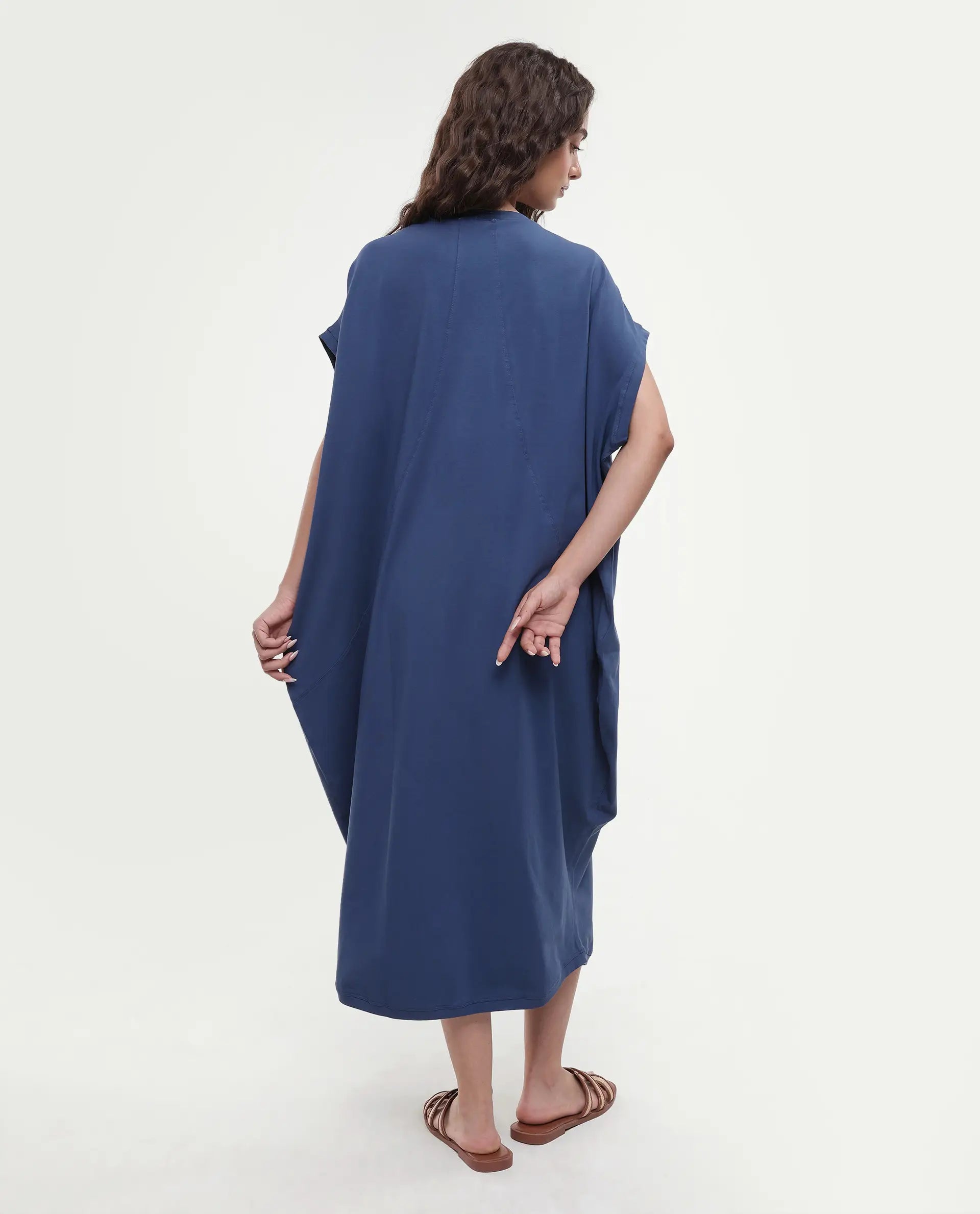Rareism Women's Siriyo Dark Blue Cotton Crew Neck Plain Extended Sleeves Maxi Relaxed Fit Dress