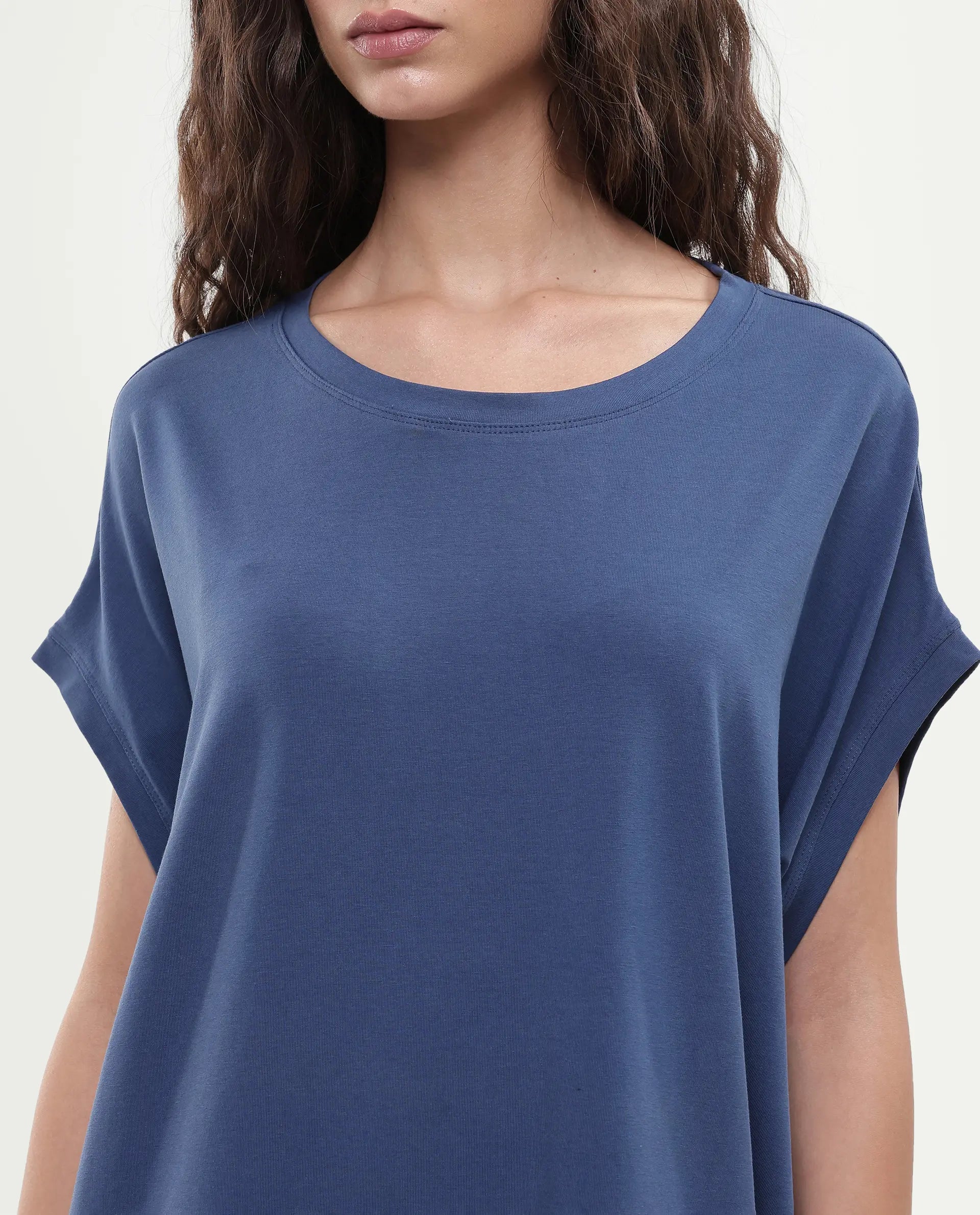 Rareism Women's Siriyo Dark Blue Cotton Crew Neck Plain Extended Sleeves Maxi Relaxed Fit Dress
