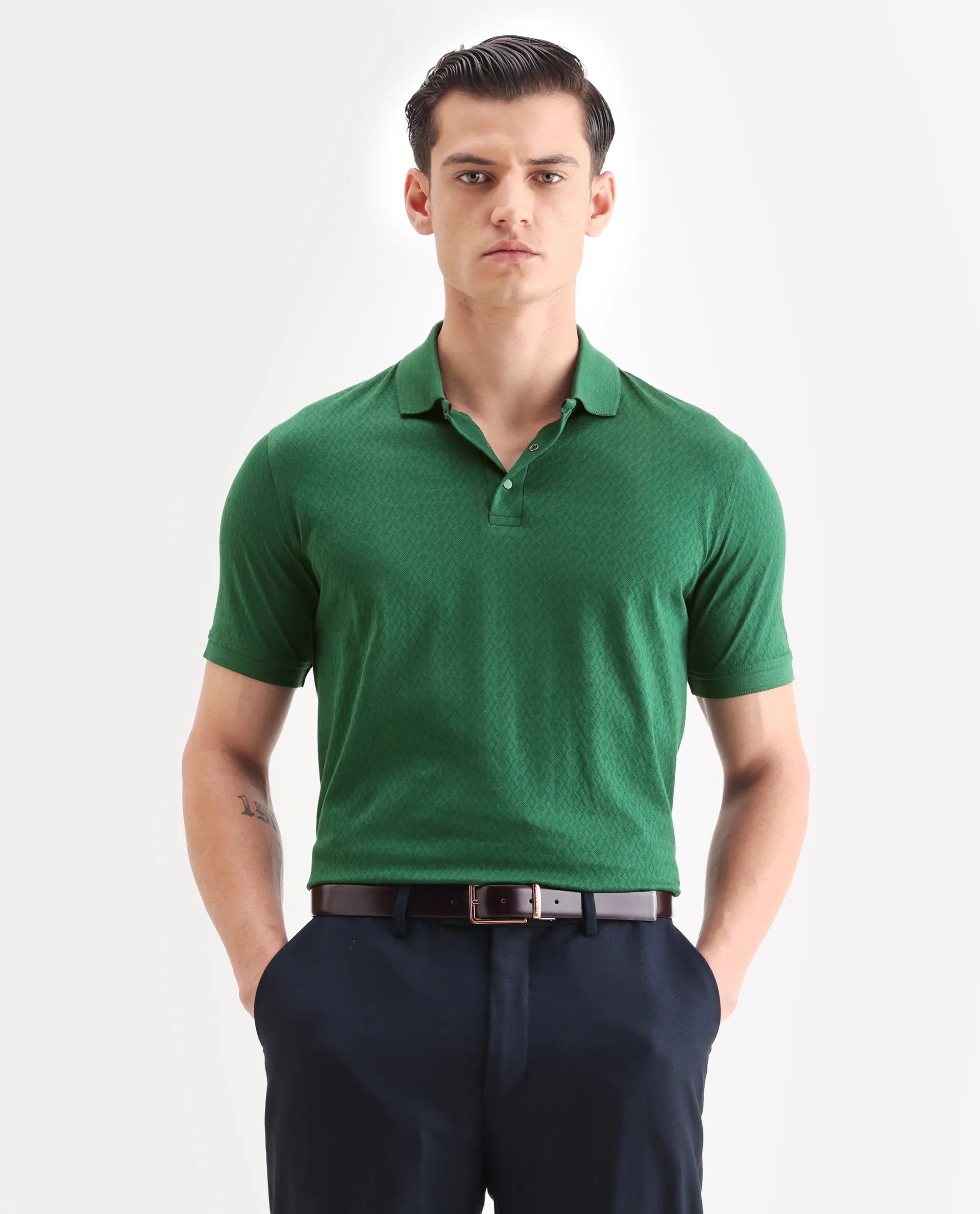 Rare Rabbit Men's Dafo Green Cotton Jacquard Regular Fit Half Sleeve Polo