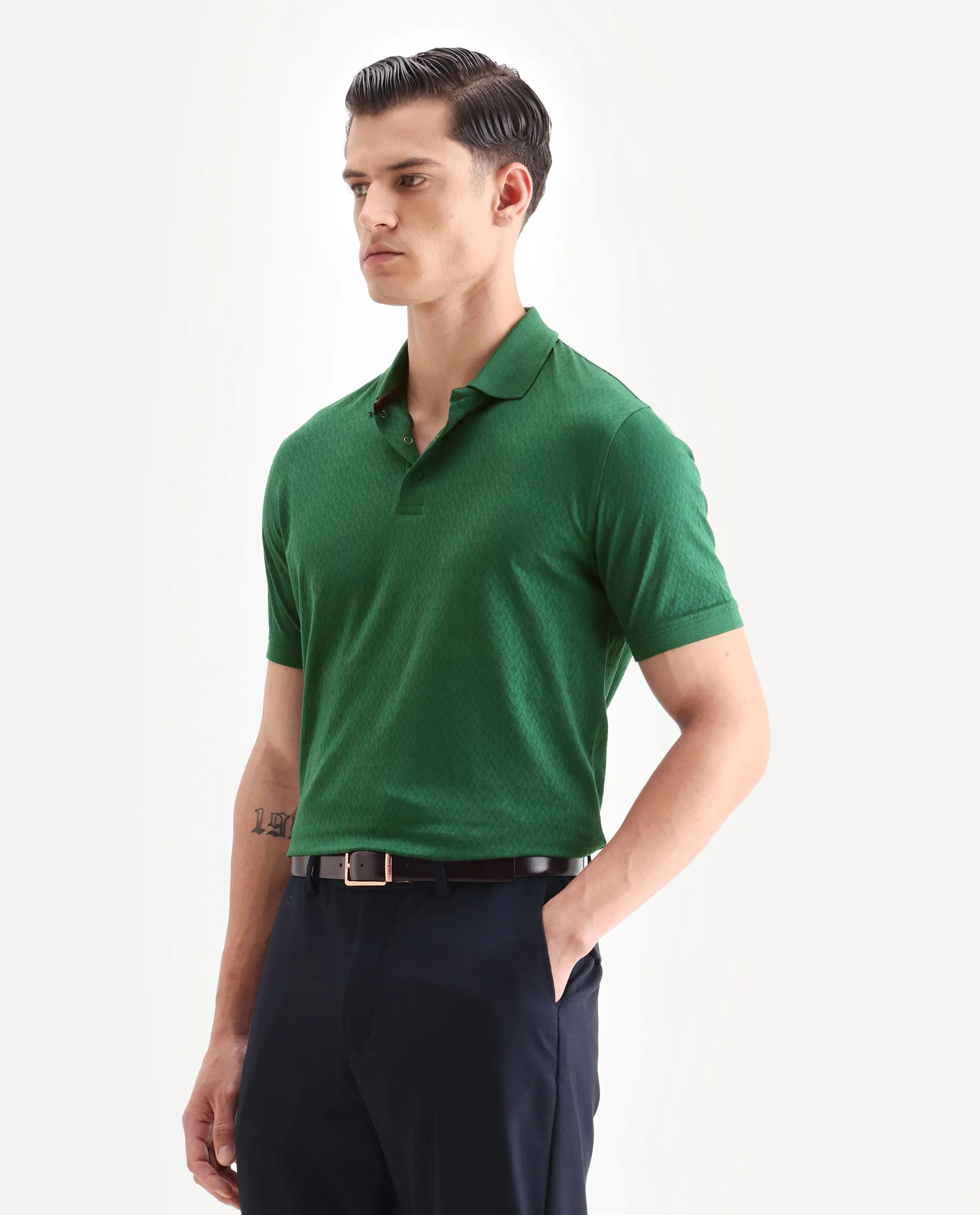 Rare Rabbit Men's Dafo Green Cotton Jacquard Regular Fit Half Sleeve Polo