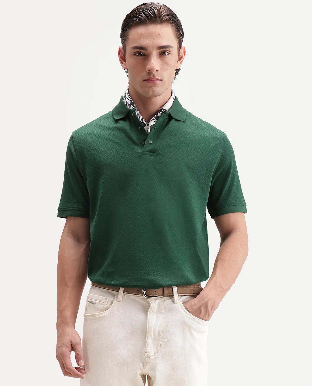 Rare Rabbit Men's Dafo Green Cotton Jacquard Regular Fit Half Sleeve Polo