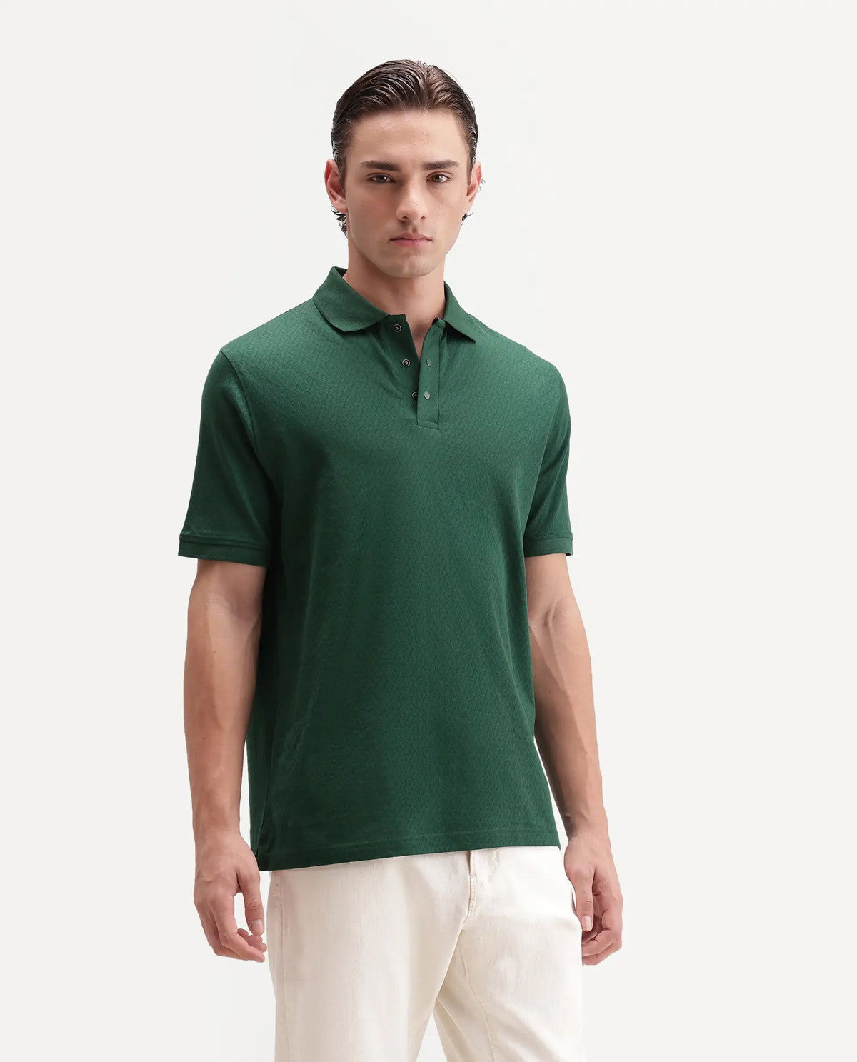 Rare Rabbit Men's Dafo Green Cotton Jacquard Regular Fit Half Sleeve Polo