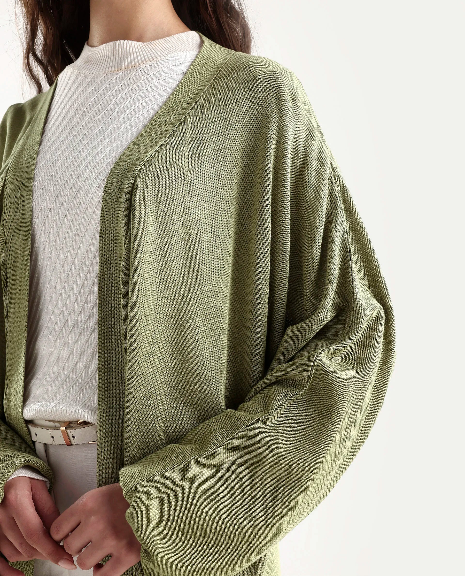 Rareism Women's Keya Pastel Green Cotton Collarless Plain Extended Sleeves Midi Relaxed Fit Shrug