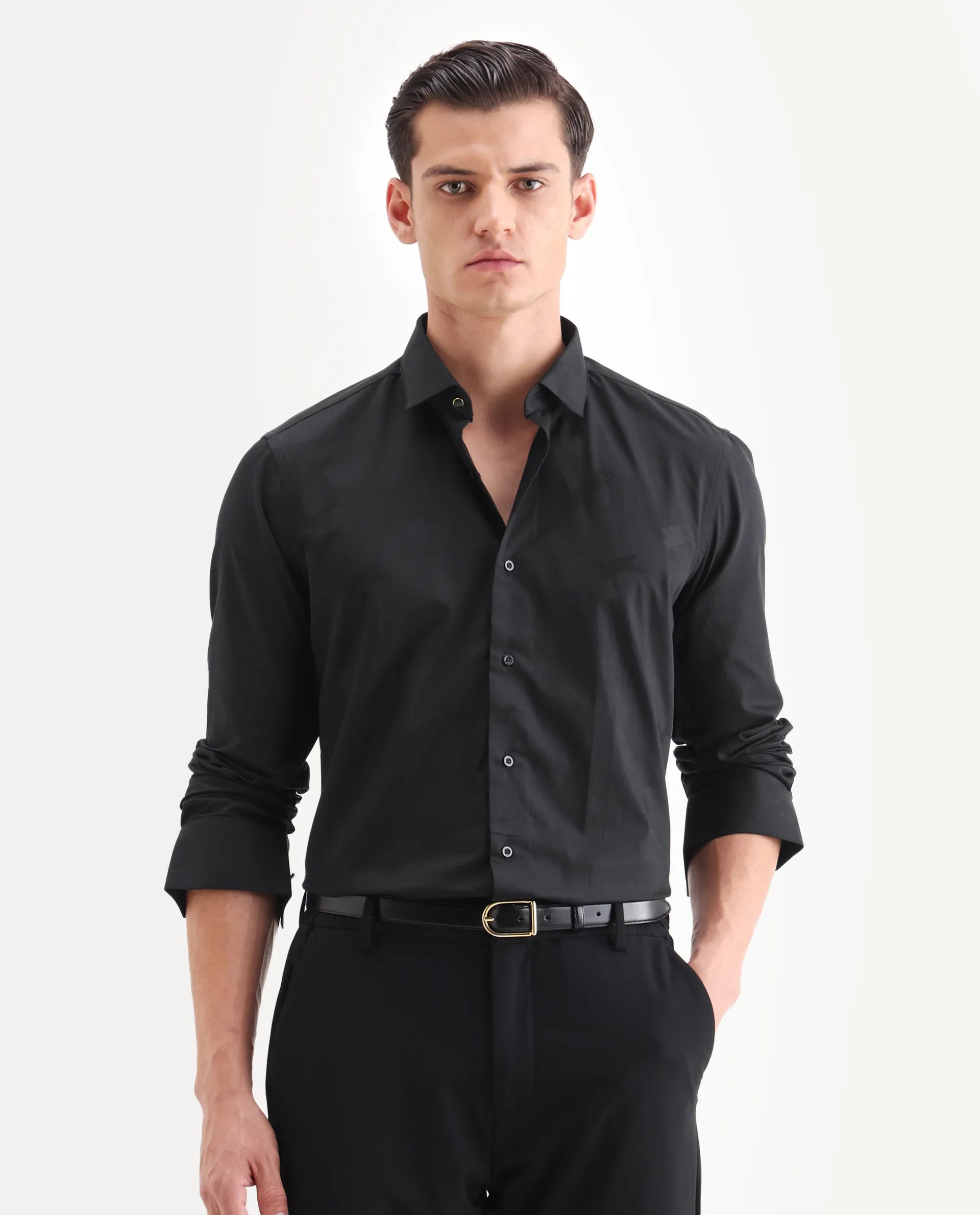 Rare Rabbit Men's Sherdâ Black Cotton Jacquard Regular Fit Full Sleeve Collared Shirt