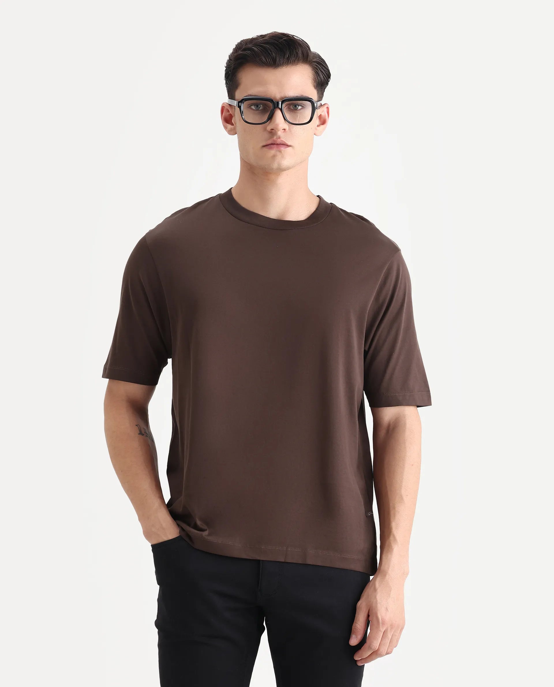 Rare Rabbit Men's Barcelon Dusky Brown Cotton Plain Oversized Fit Half Sleeve Crew Neck T-Shirt