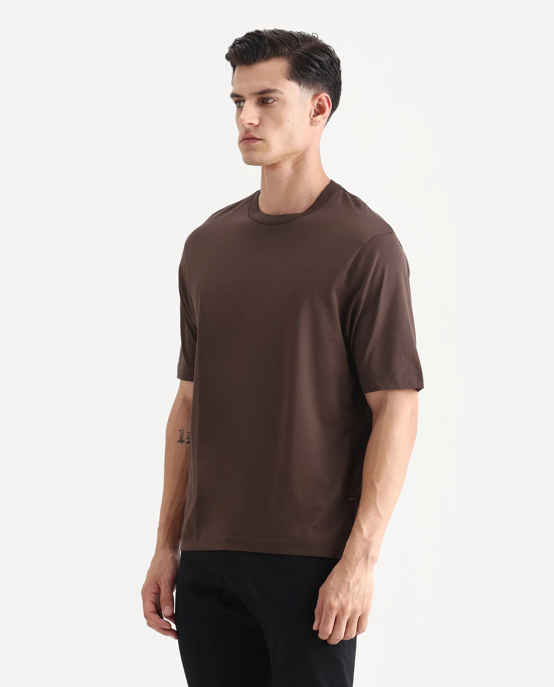 Rare Rabbit Men's Barcelon Dusky Brown Cotton Plain Oversized Fit Half Sleeve Crew Neck T-Shirt
