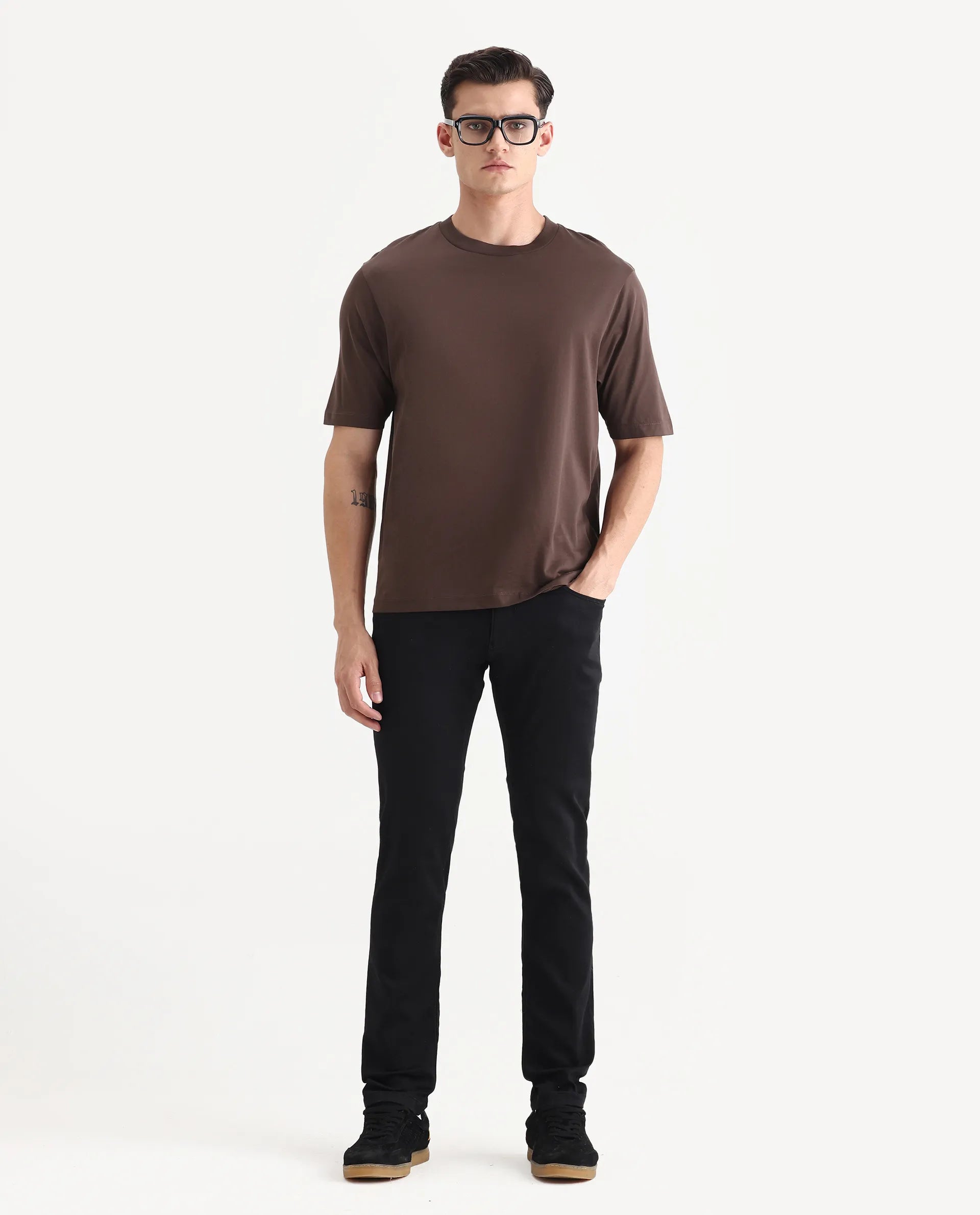 Rare Rabbit Men's Barcelon Dusky Brown Cotton Plain Oversized Fit Half Sleeve Crew Neck T-Shirt