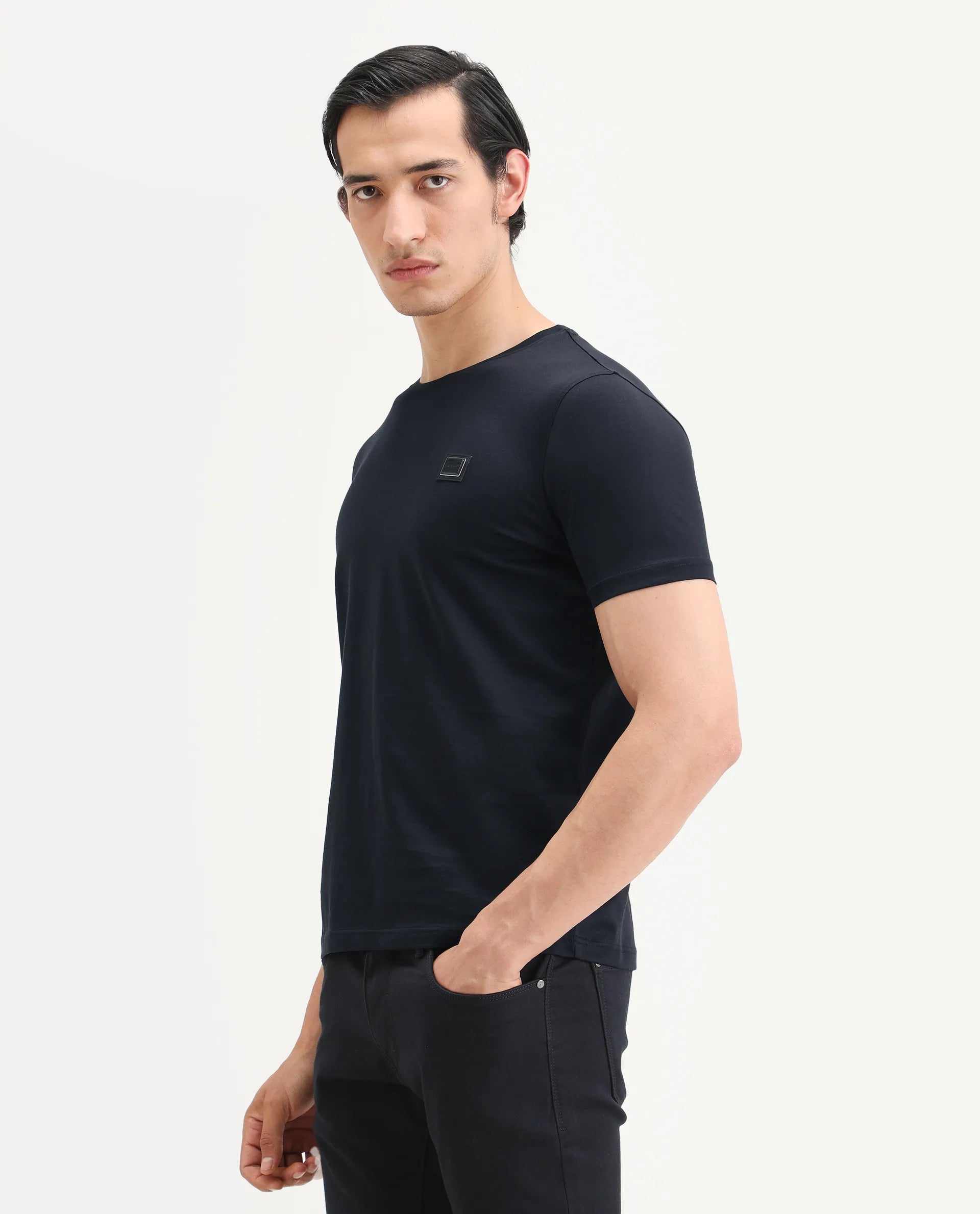 Rare Rabbit Men's Badgen Navy Cotton Plain Regular Fit Half Sleeve Crew Neck T-Shirt
