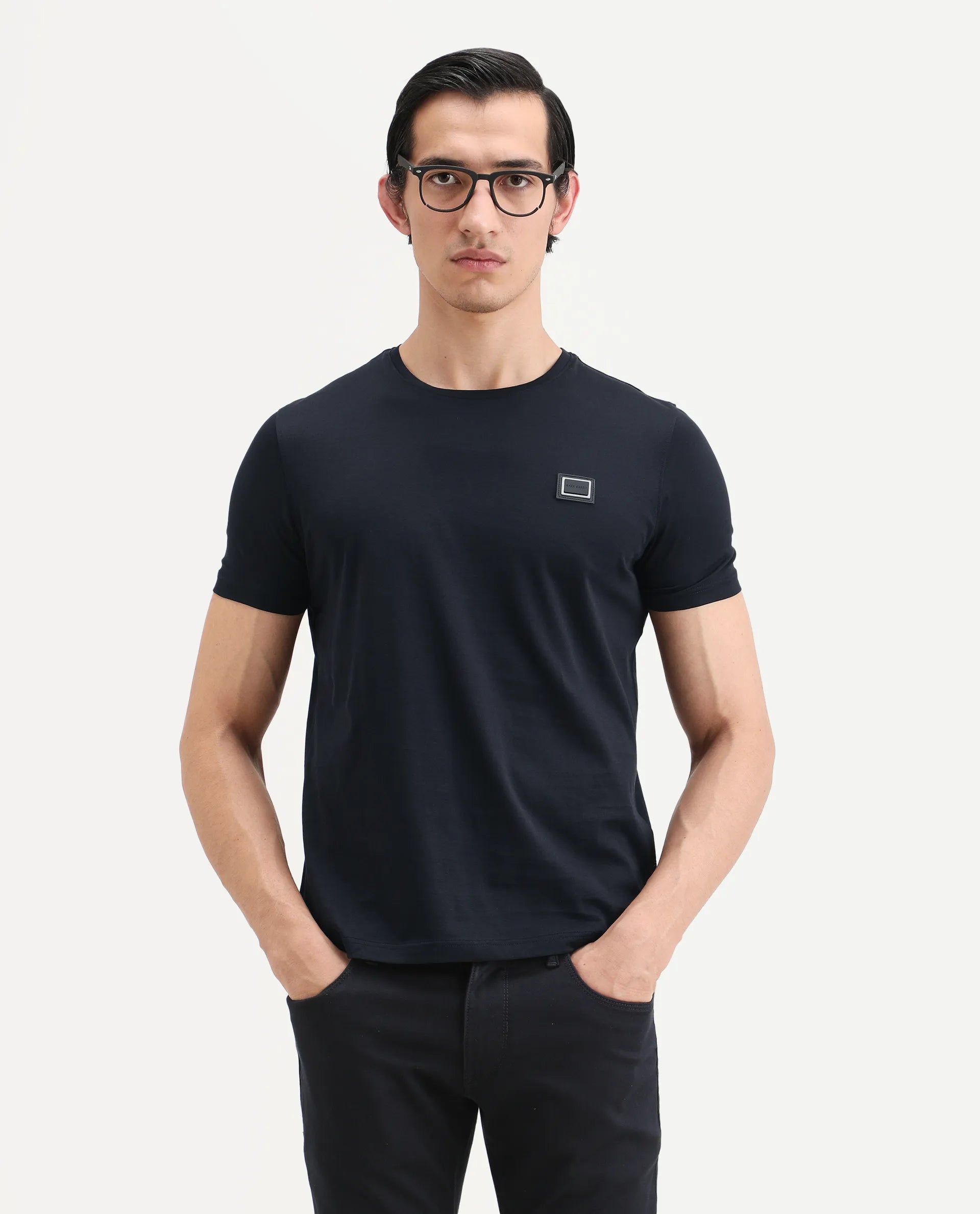 Rare Rabbit Men's Badgen Navy Cotton Plain Regular Fit Half Sleeve Crew Neck T-Shirt