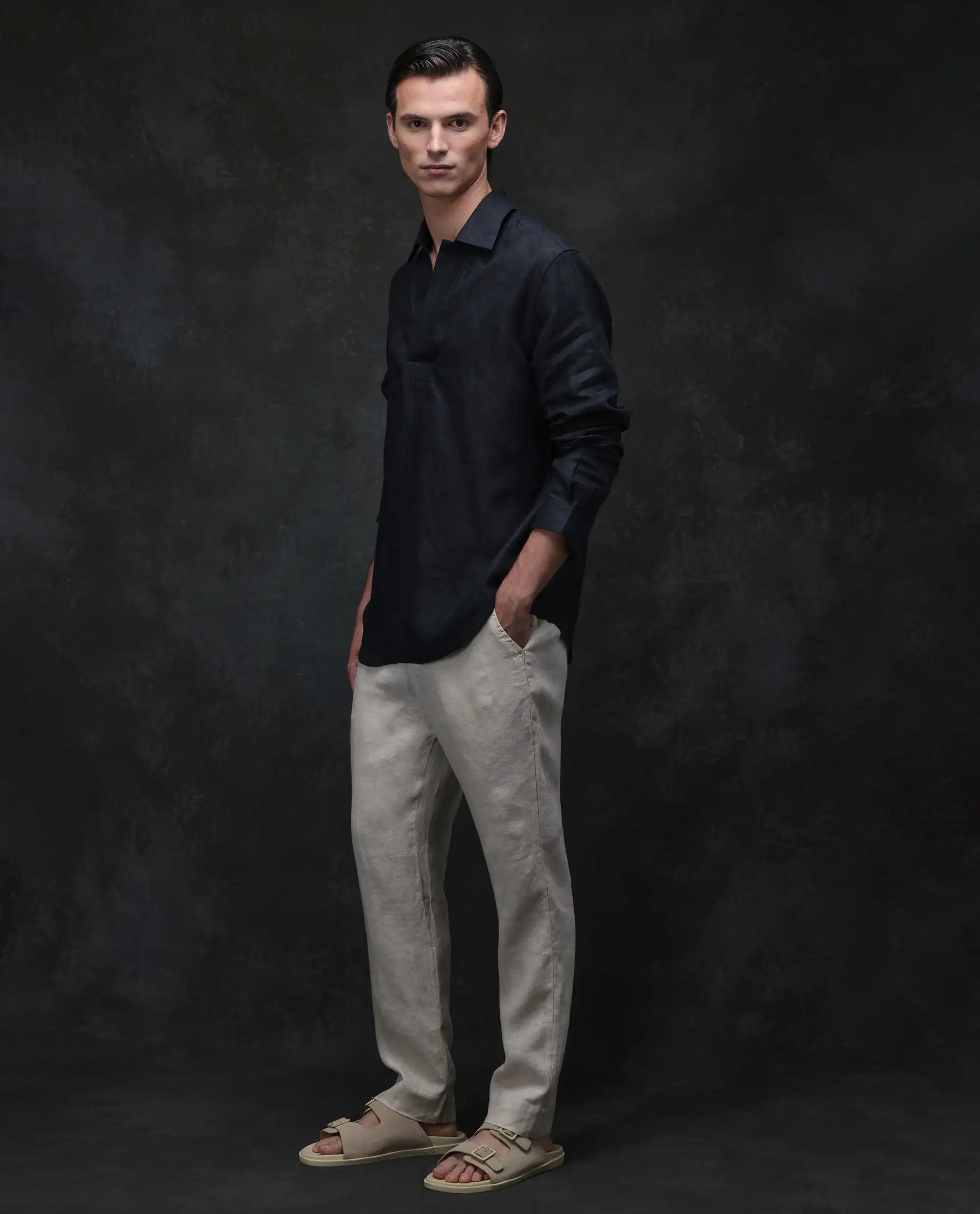 Rare Rabbit Men's Arcelo Beige 100% Linen Plain Regular Fit Trouser