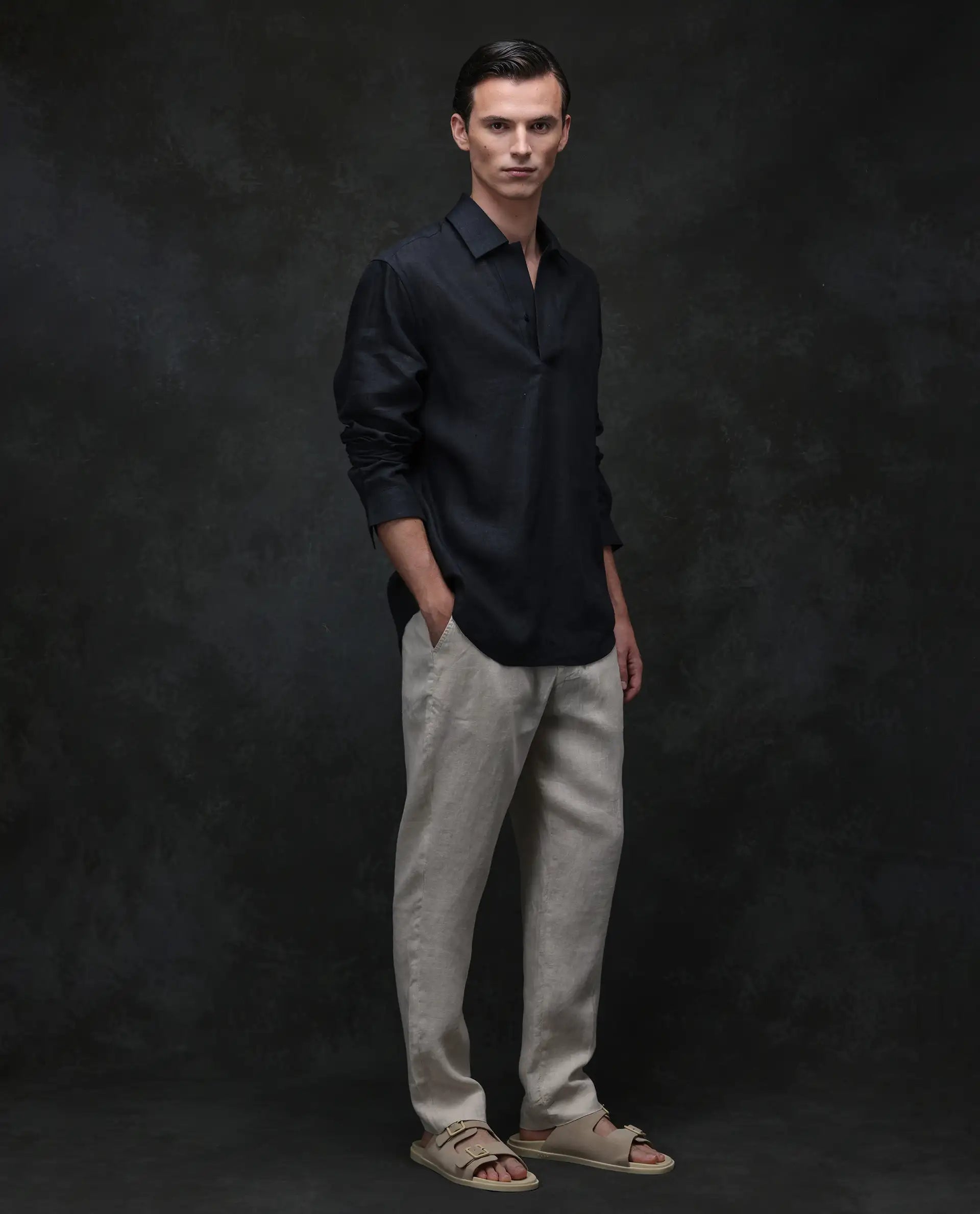 Rare Rabbit Men's Arcelo Beige 100% Linen Plain Regular Fit Trouser