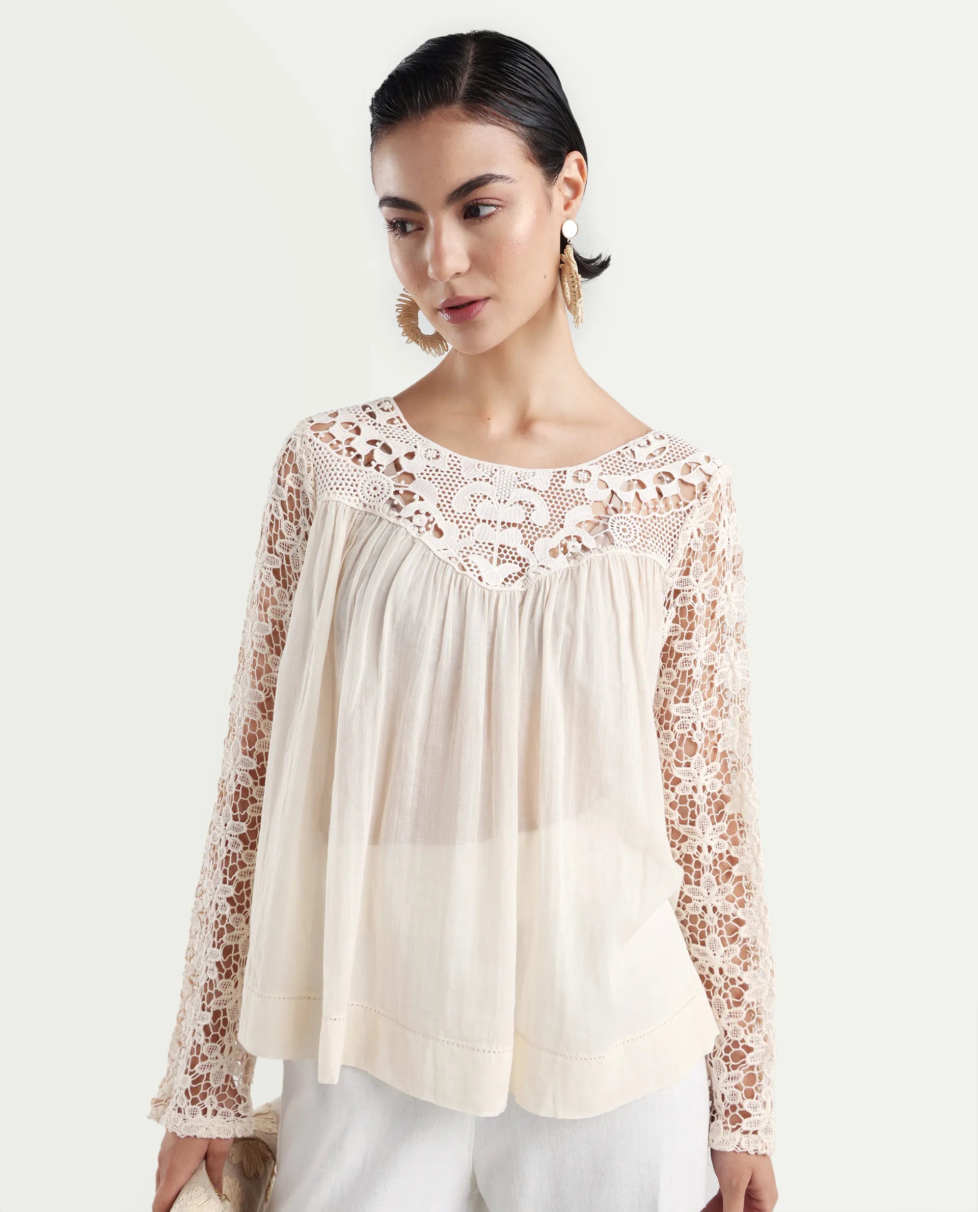 Rareism Women's Nora Light White Crew Neck Plain Raglan Sleeve Relaxed Fit Top