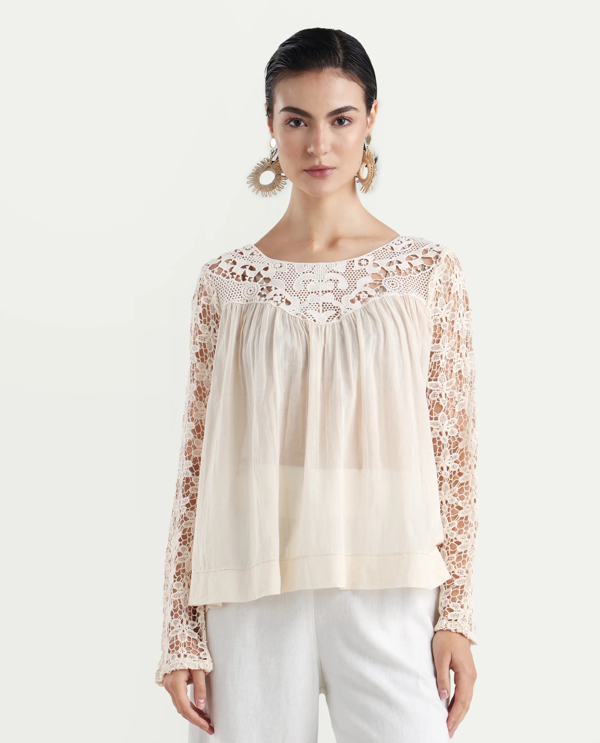 Rareism Women's Nora Light White Crew Neck Plain Raglan Sleeve Relaxed Fit Top