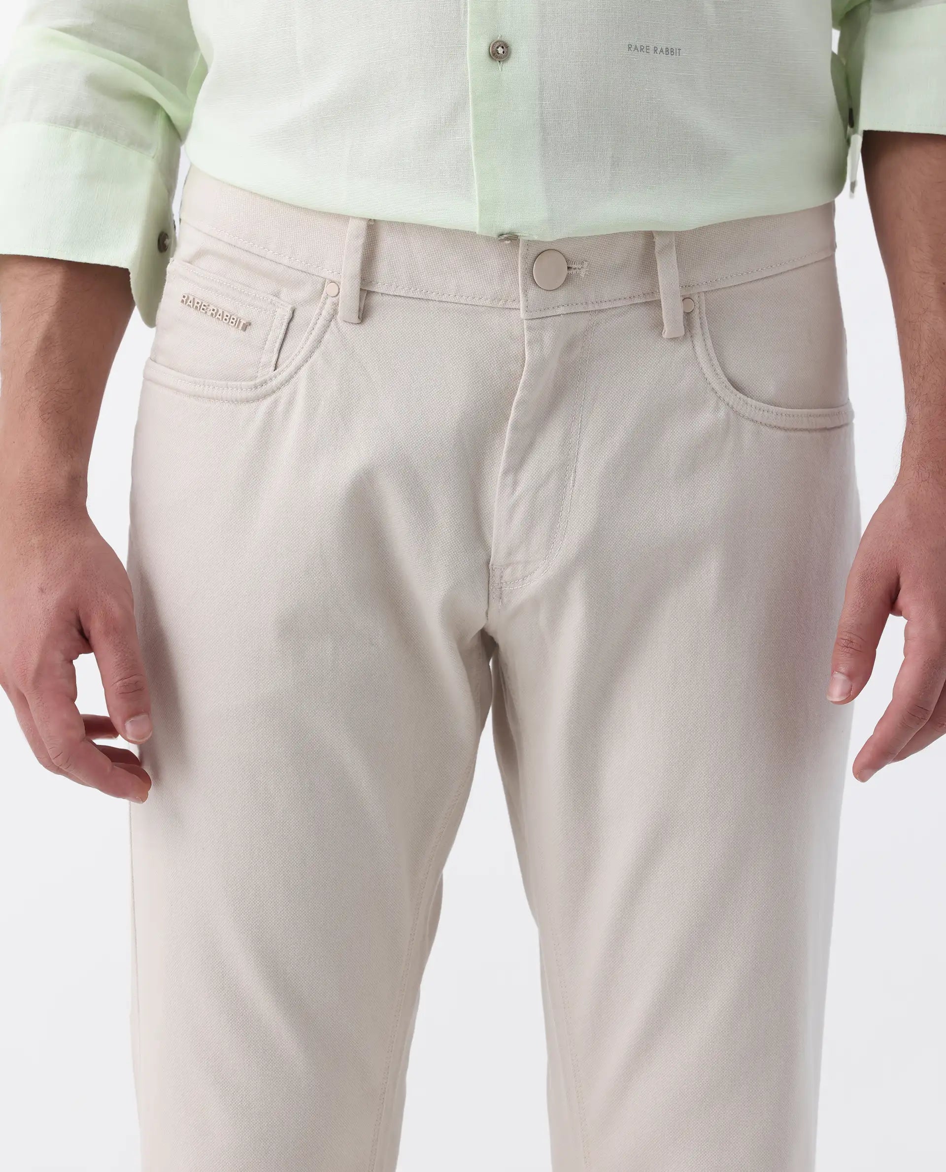 Rare Rabbit Men's Spoke 24 Light Beige Cotton Blend Plain Regular Fit Trouser
