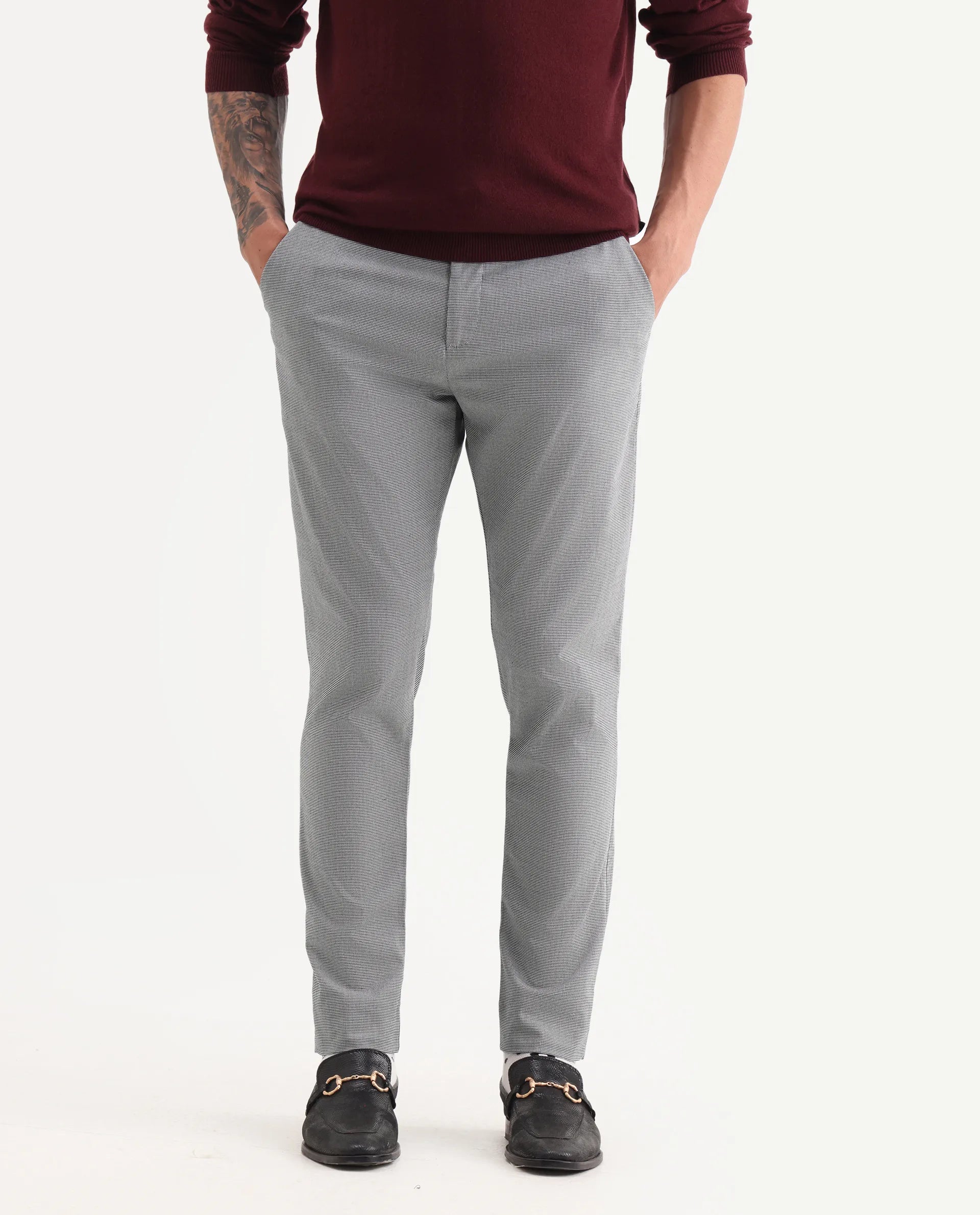 Rare Rabbit Men's Micra-1 Grey Cotton Blend Checked Print Regular Fit Trouser