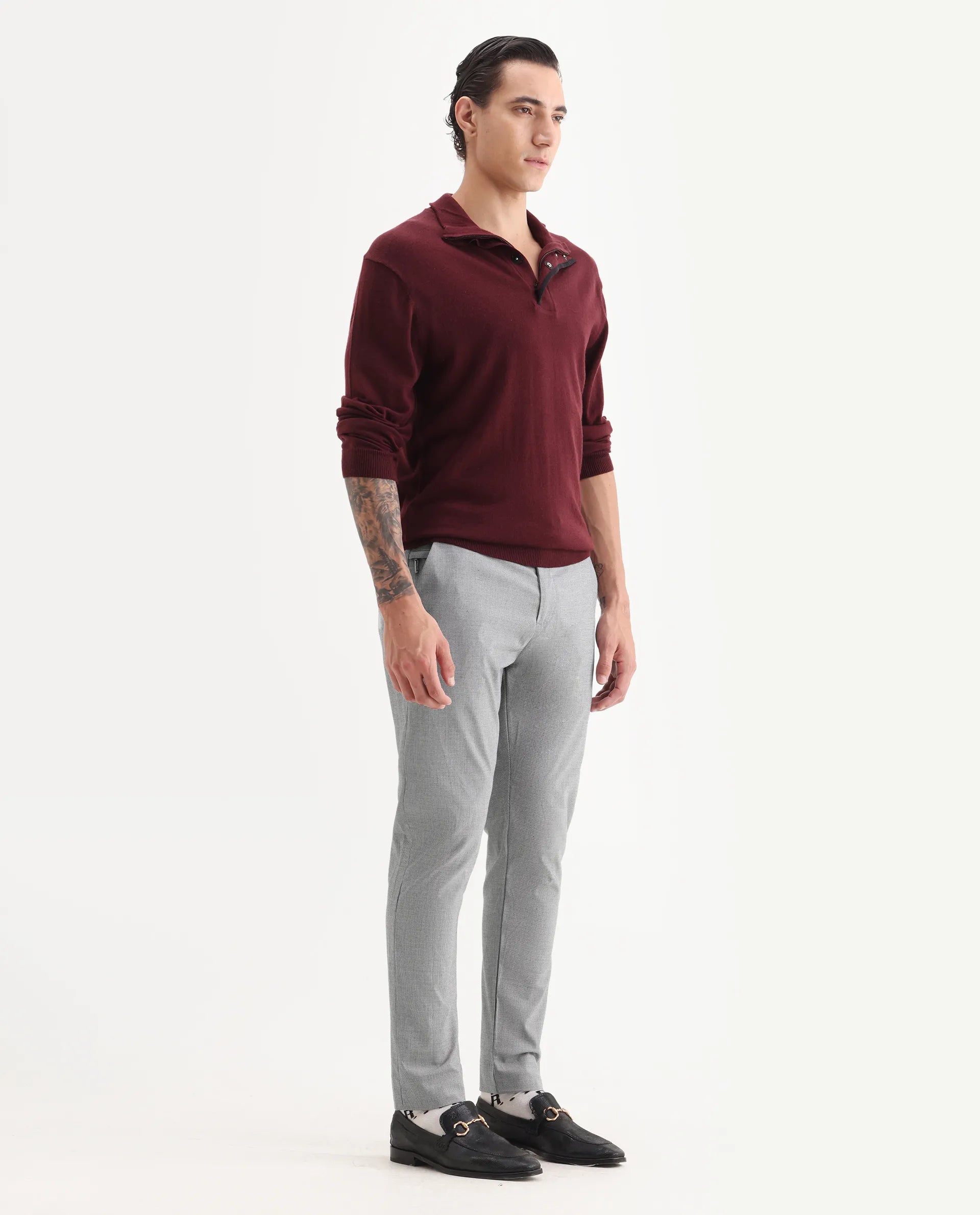 Rare Rabbit Men's Micra-1 Grey Cotton Blend Checked Print Regular Fit Trouser