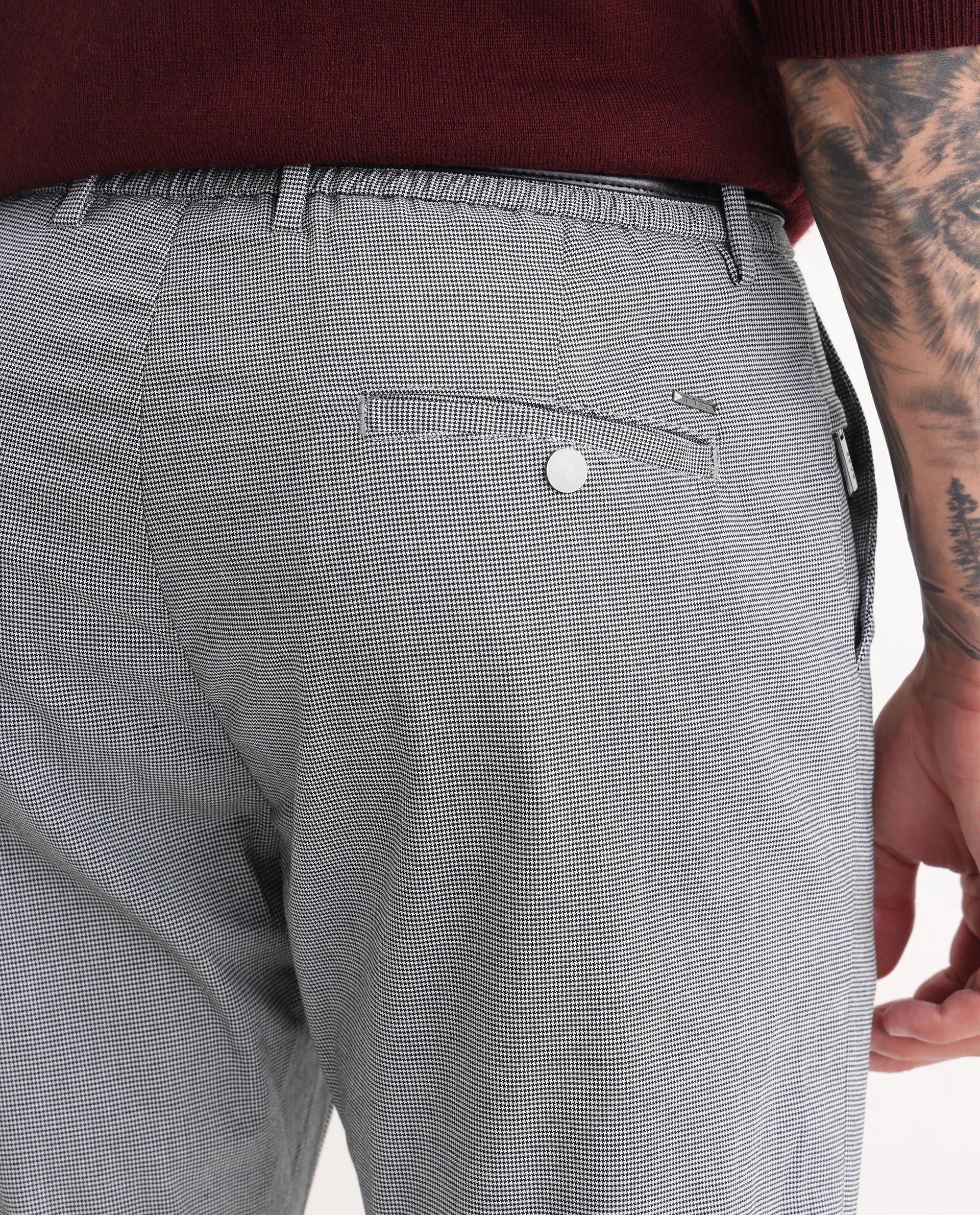 Rare Rabbit Men's Micra-1 Grey Cotton Blend Checked Print Regular Fit Trouser