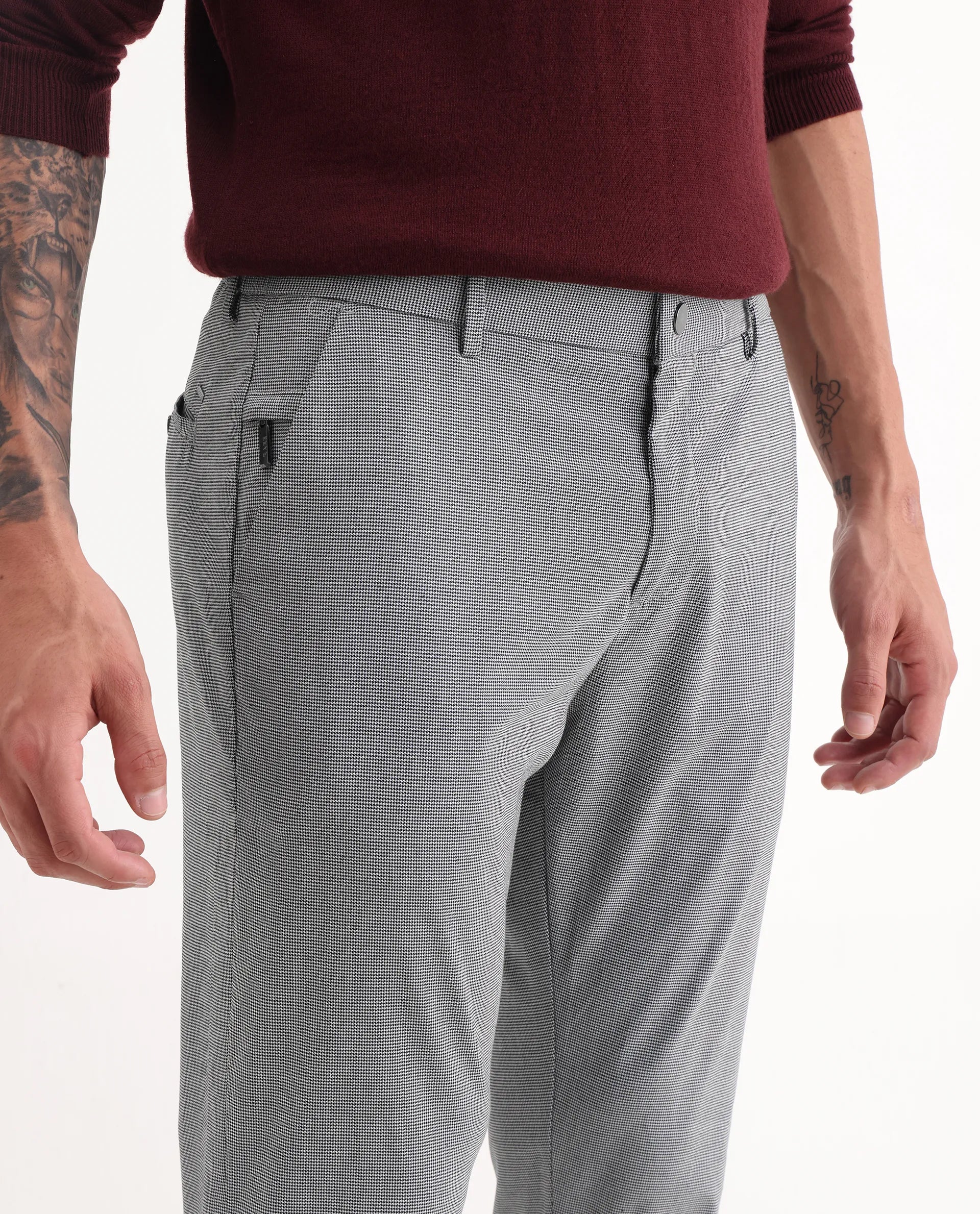 Rare Rabbit Men's Micra-1 Grey Cotton Blend Checked Print Regular Fit Trouser