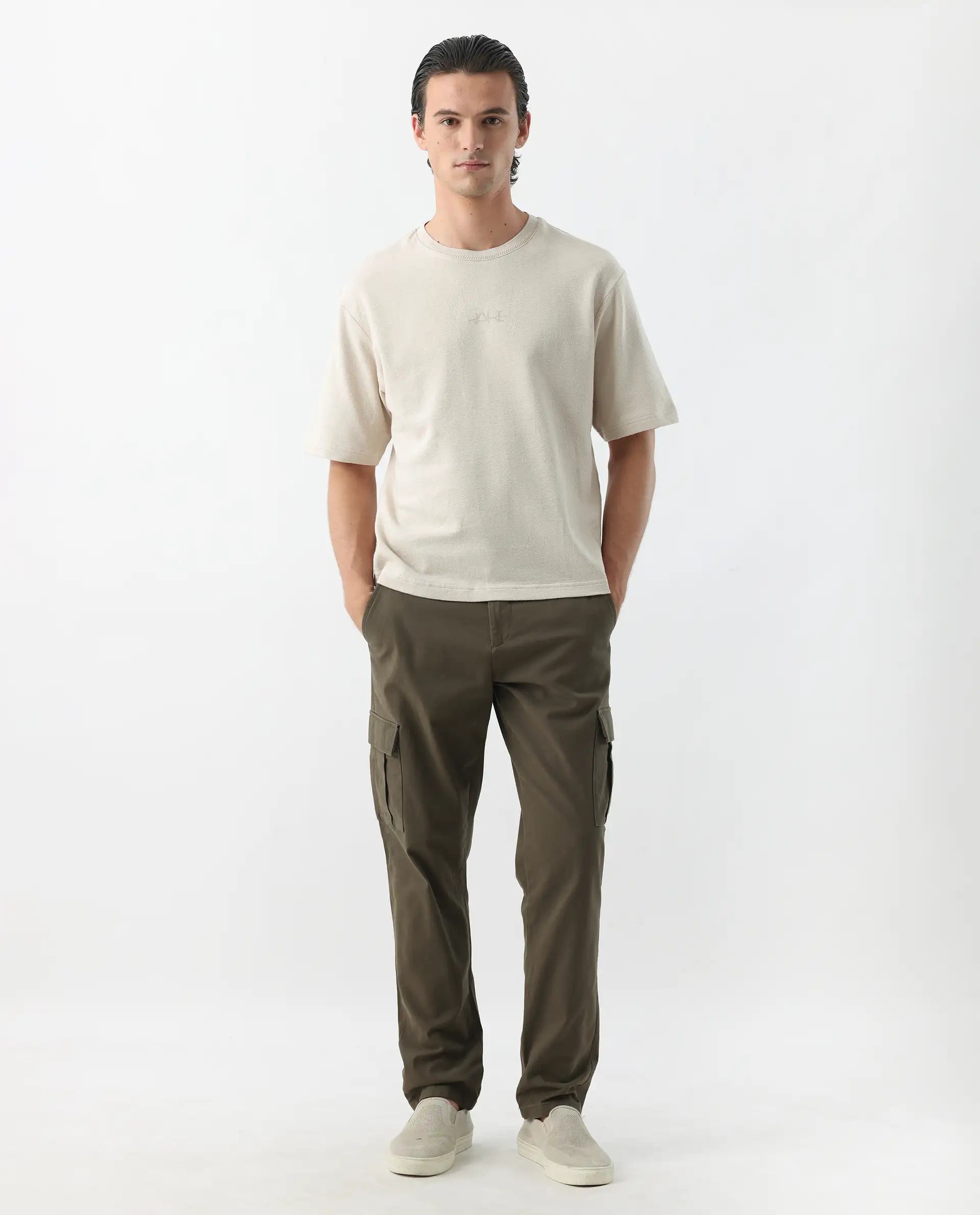 Rare Rabbit Men's Apex Olive Linen Blend Plain Regular Fit Trouser