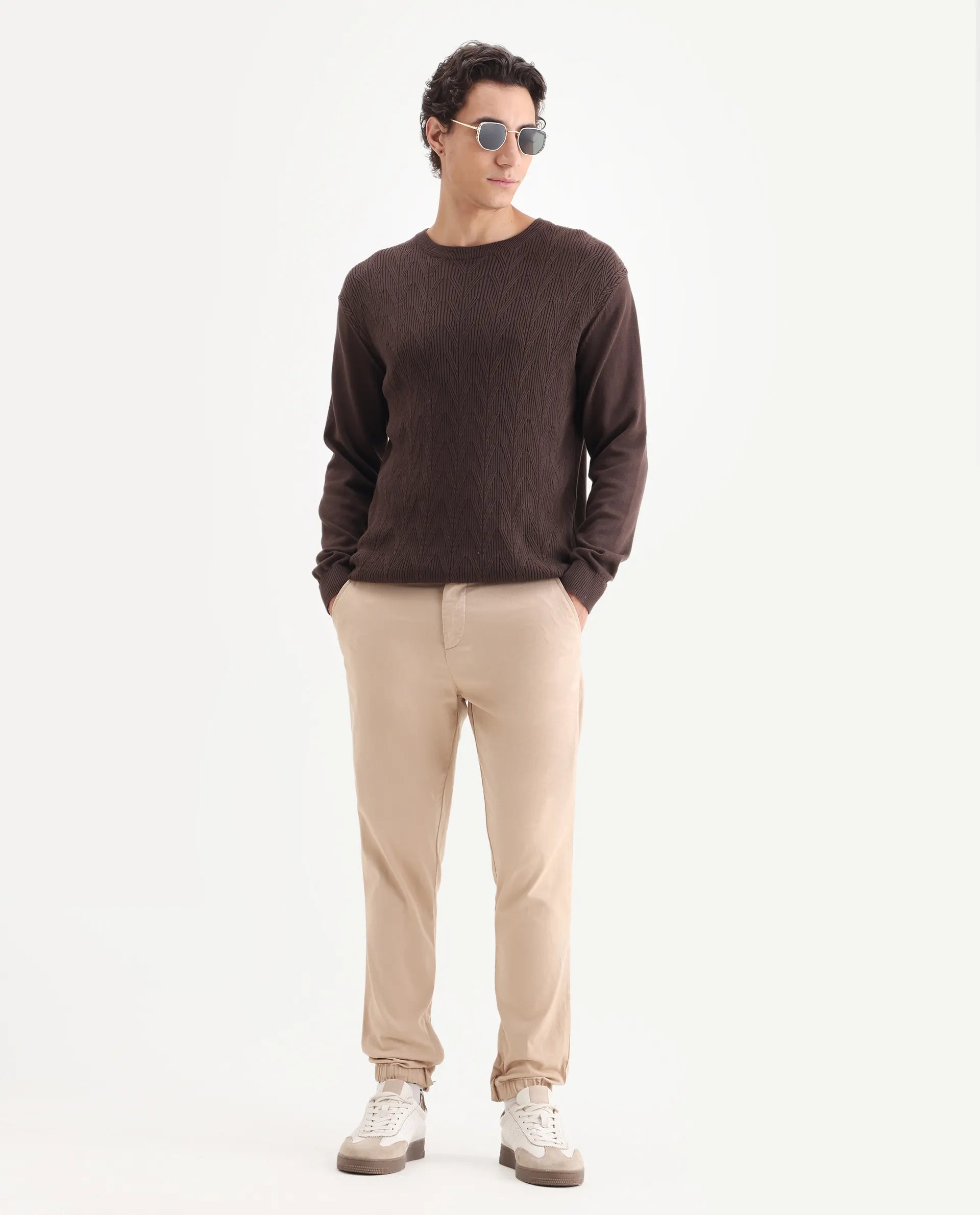 Rare Rabbit Men's Zade Khaki Cotton Blend Plain Regular Fit Trouser