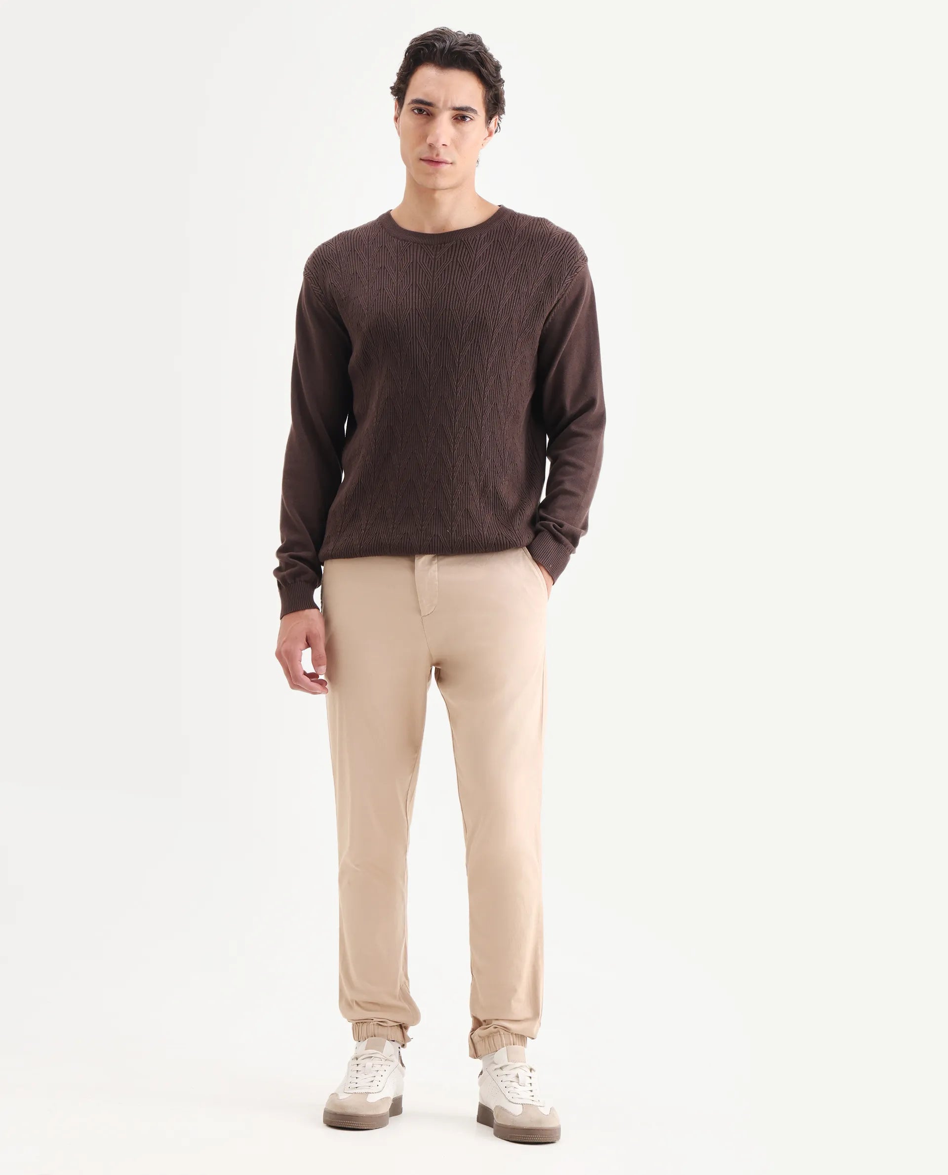 Rare Rabbit Men's Zade Khaki Cotton Blend Plain Regular Fit Trouser