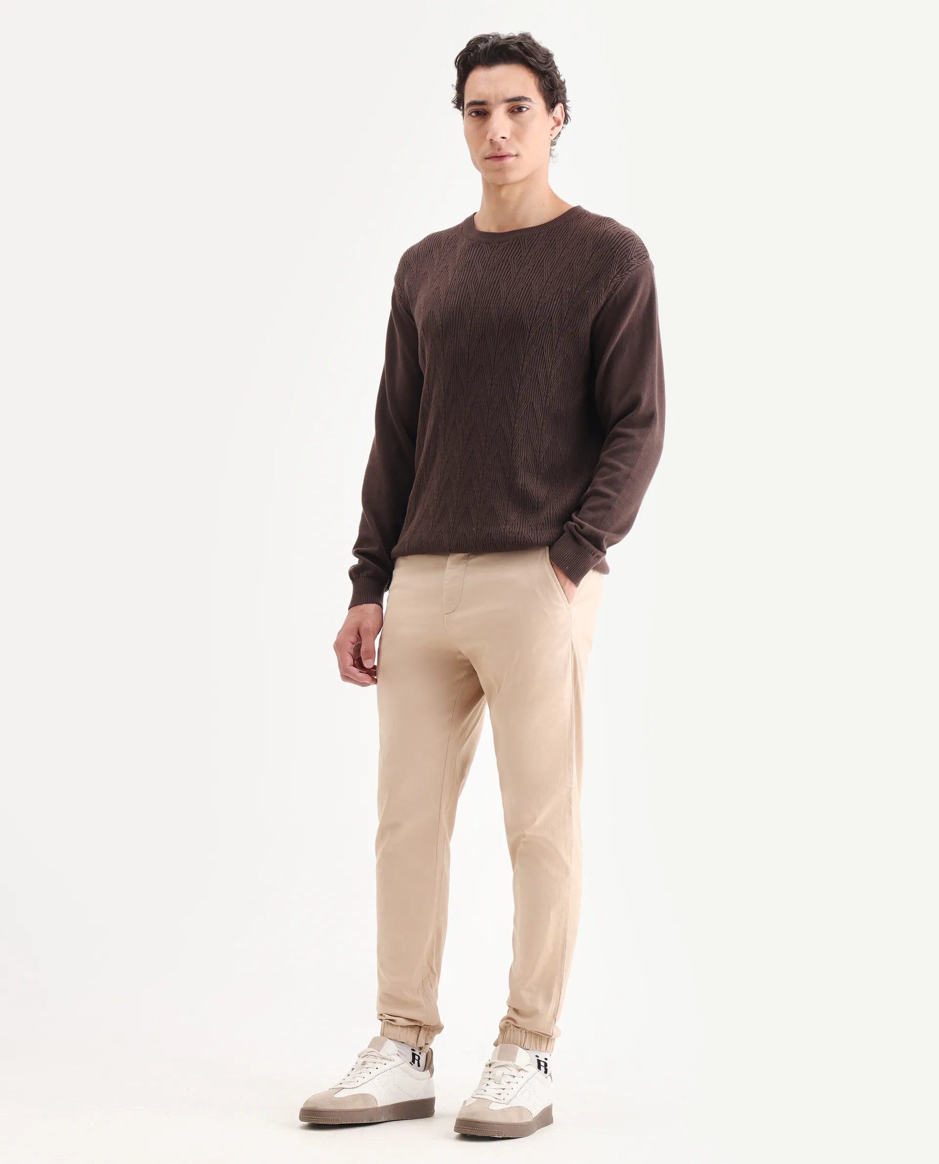 Rare Rabbit Men's Zade Khaki Cotton Blend Plain Regular Fit Trouser