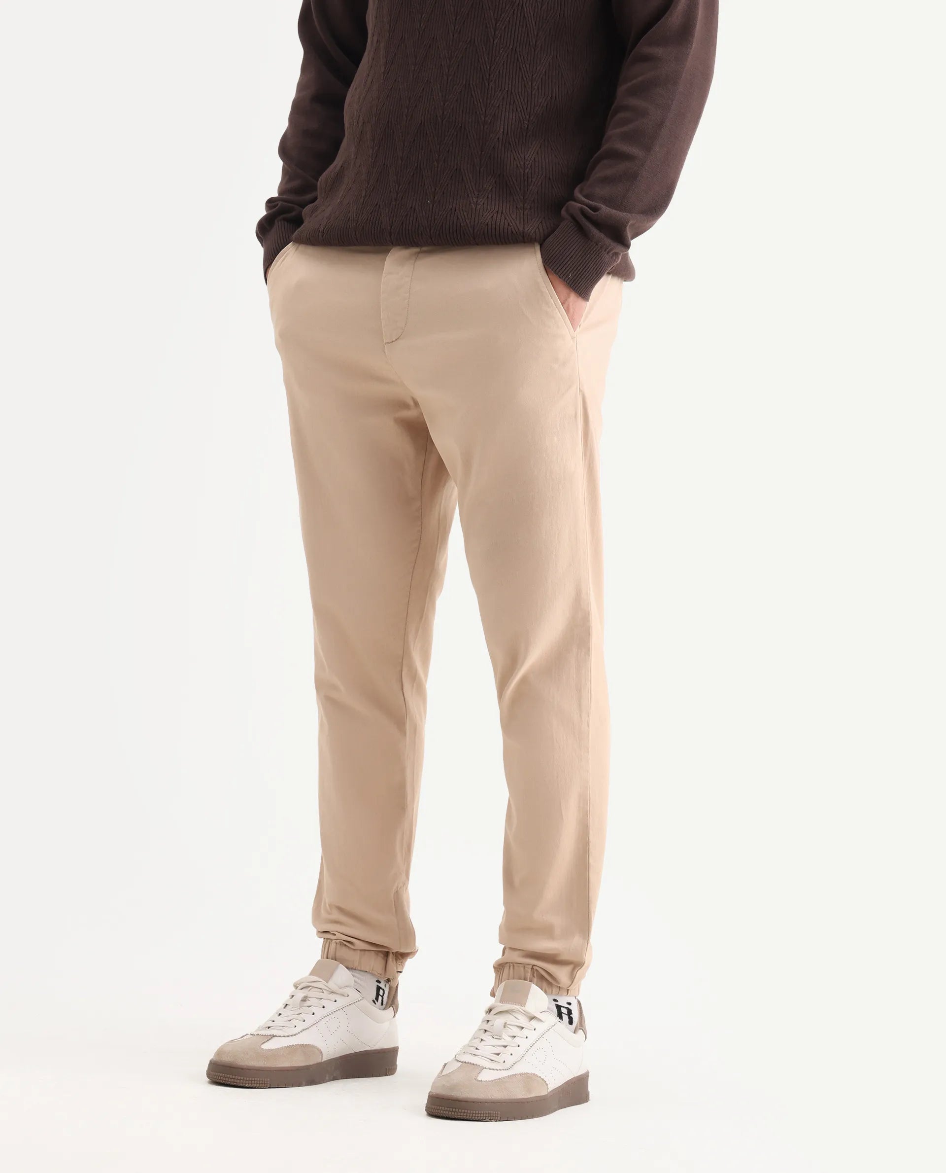 Rare Rabbit Men's Zade Khaki Cotton Blend Plain Regular Fit Trouser