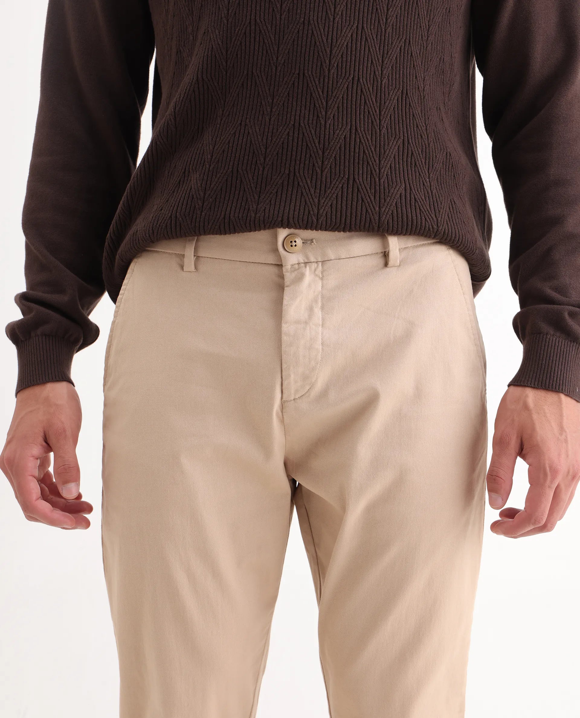 Rare Rabbit Men's Zade Khaki Cotton Blend Plain Regular Fit Trouser