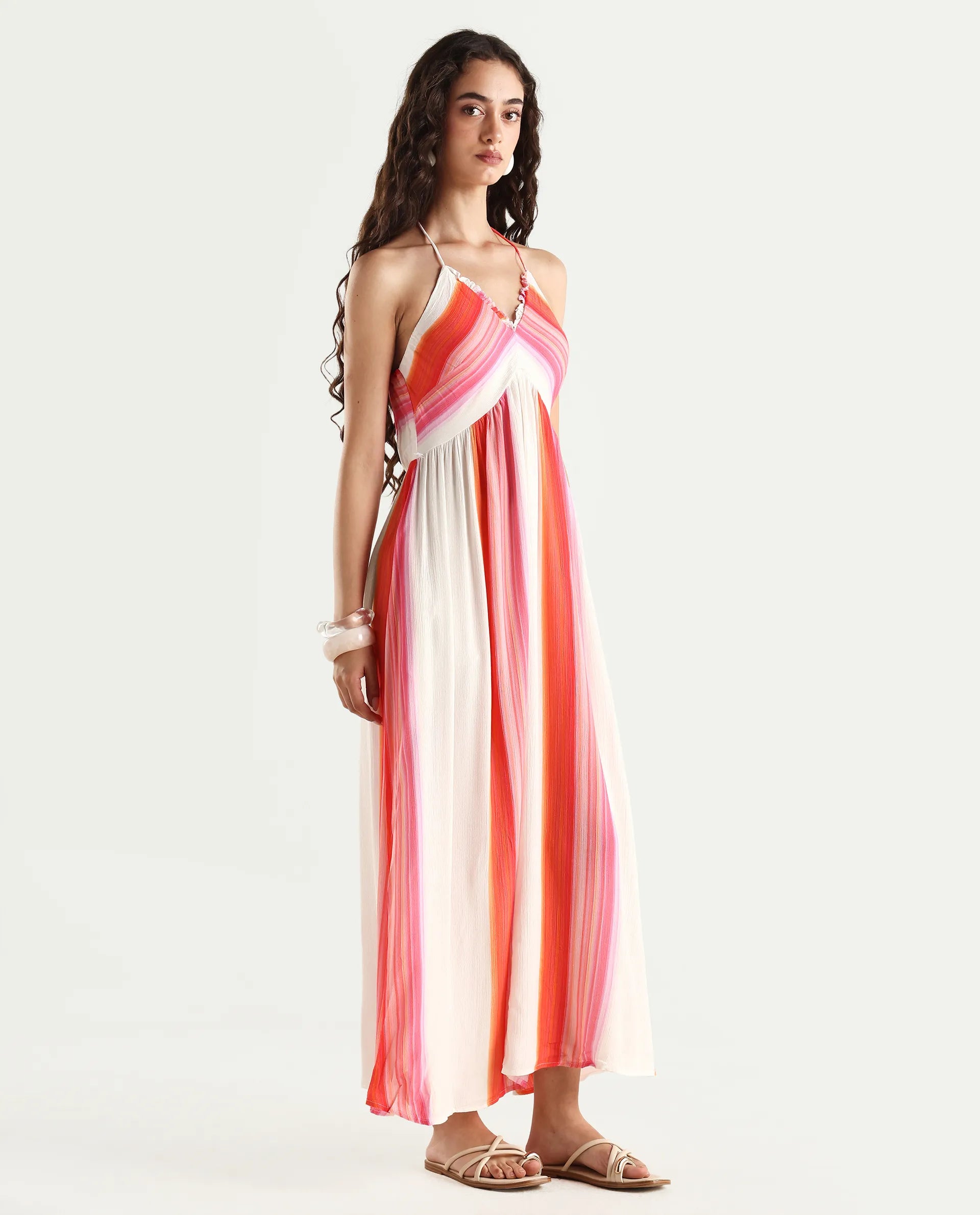 Rareism Women's Muse Multi Viscose Halter Neck Striped Sleeveless Maxi Fit And Flare Dress