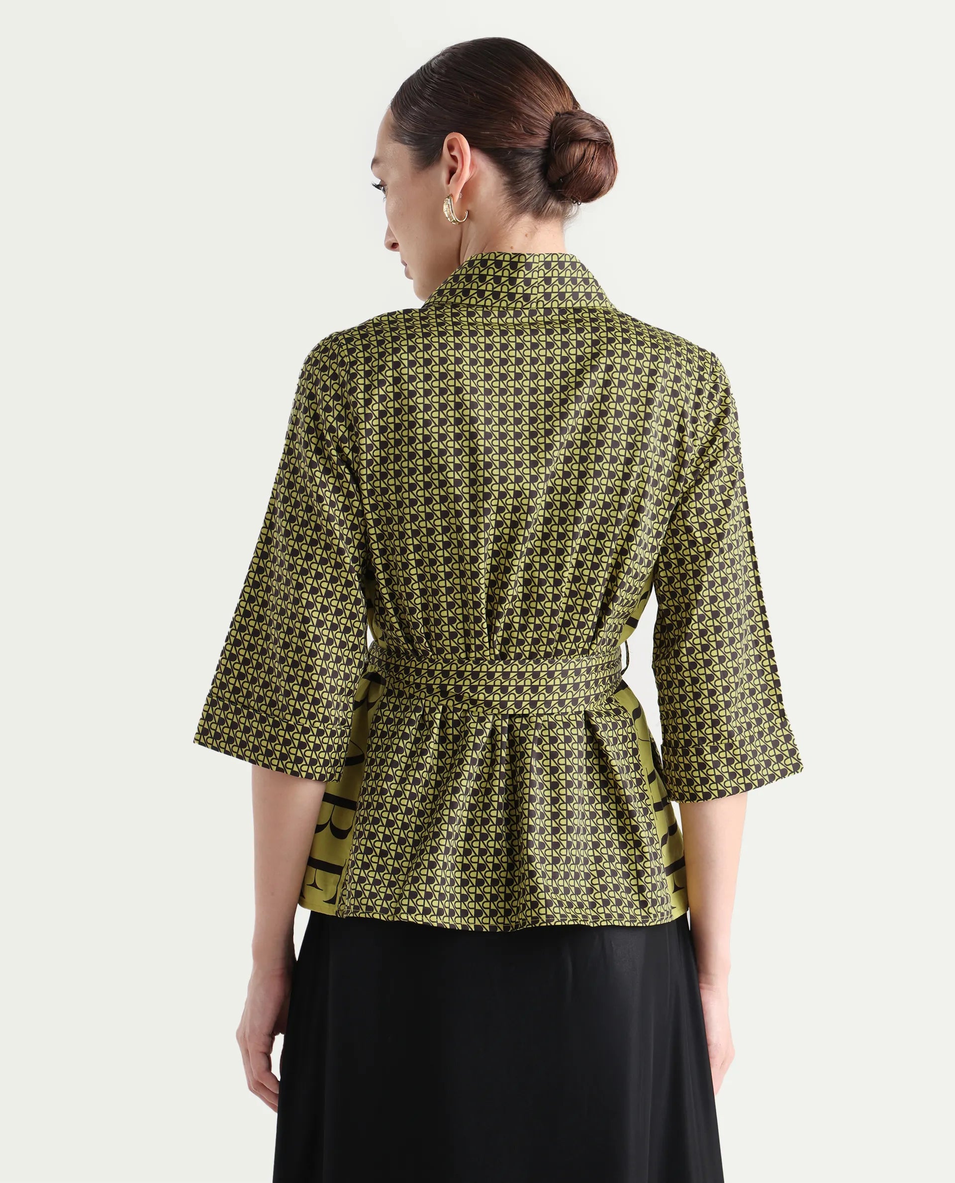 Rareism Women's Geomo-T Yellow Cotton Overlap Neck Monogram Print Regular Fit Shrug