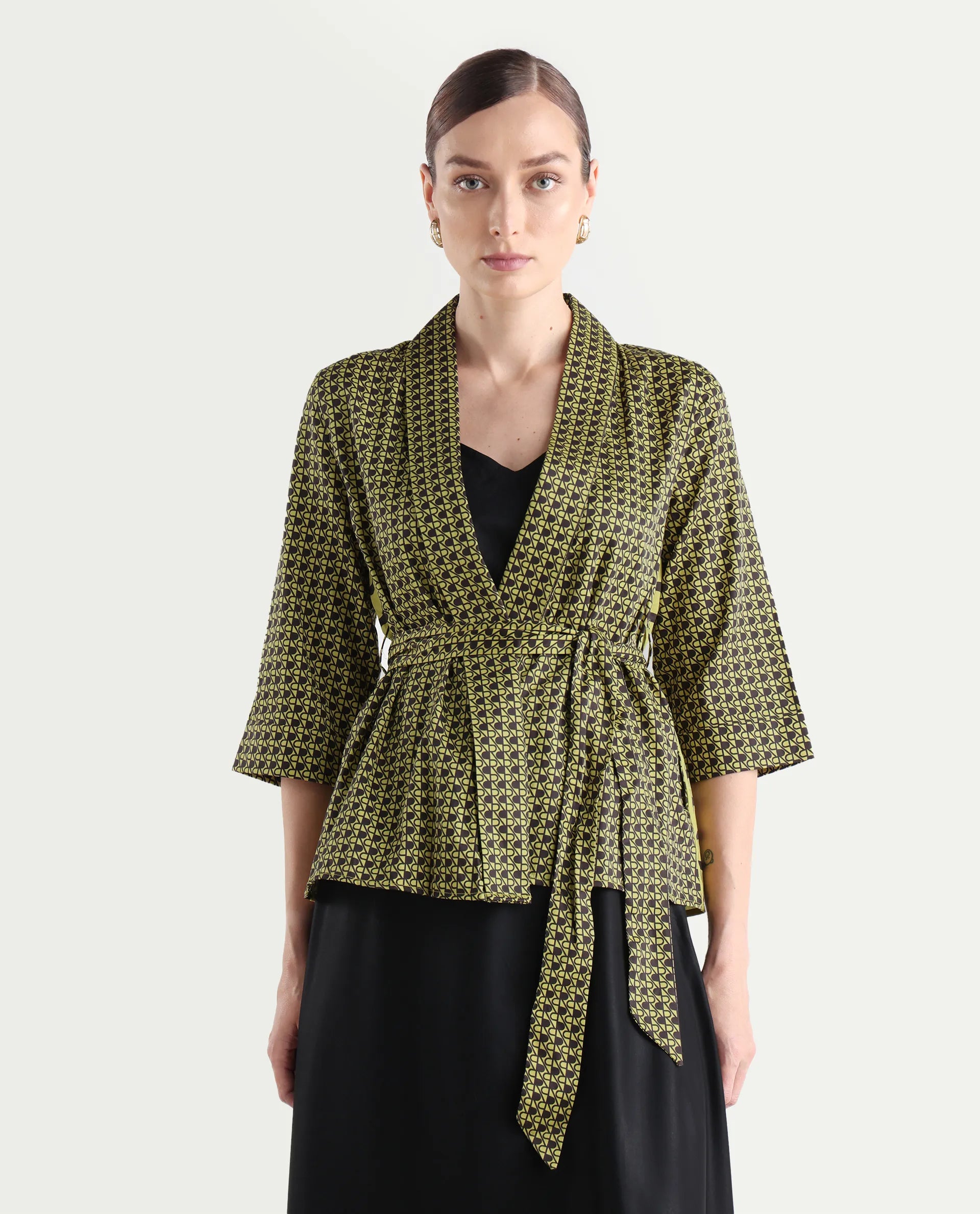 Rareism Women's Geomo-T Yellow Cotton Overlap Neck Monogram Print Regular Fit Shrug