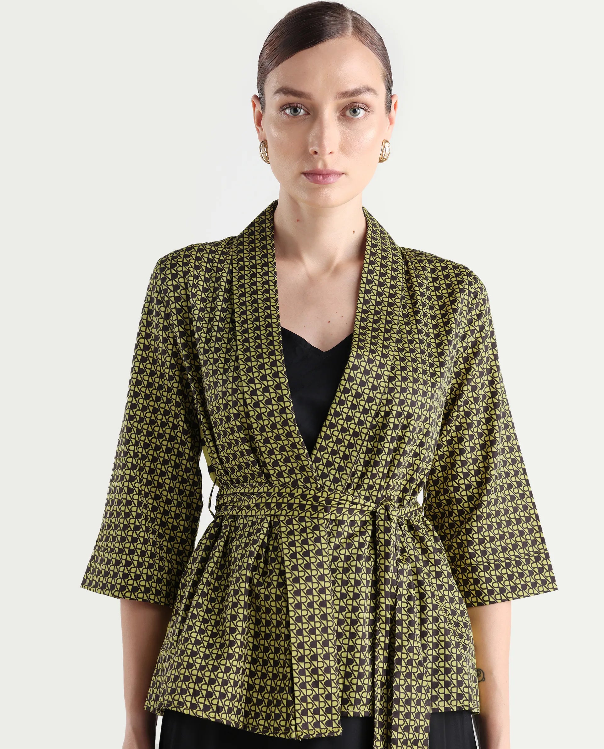 Rareism Women's Geomo-T Yellow Cotton Overlap Neck Monogram Print Regular Fit Shrug