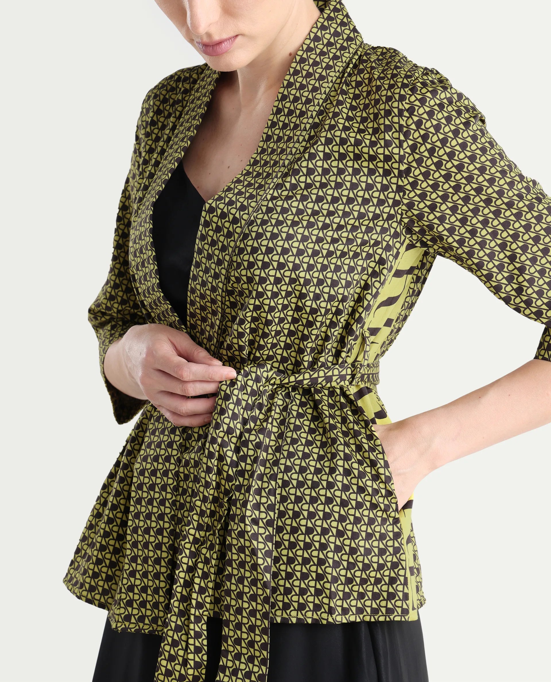 Rareism Women's Geomo-T Yellow Cotton Overlap Neck Monogram Print Regular Fit Shrug