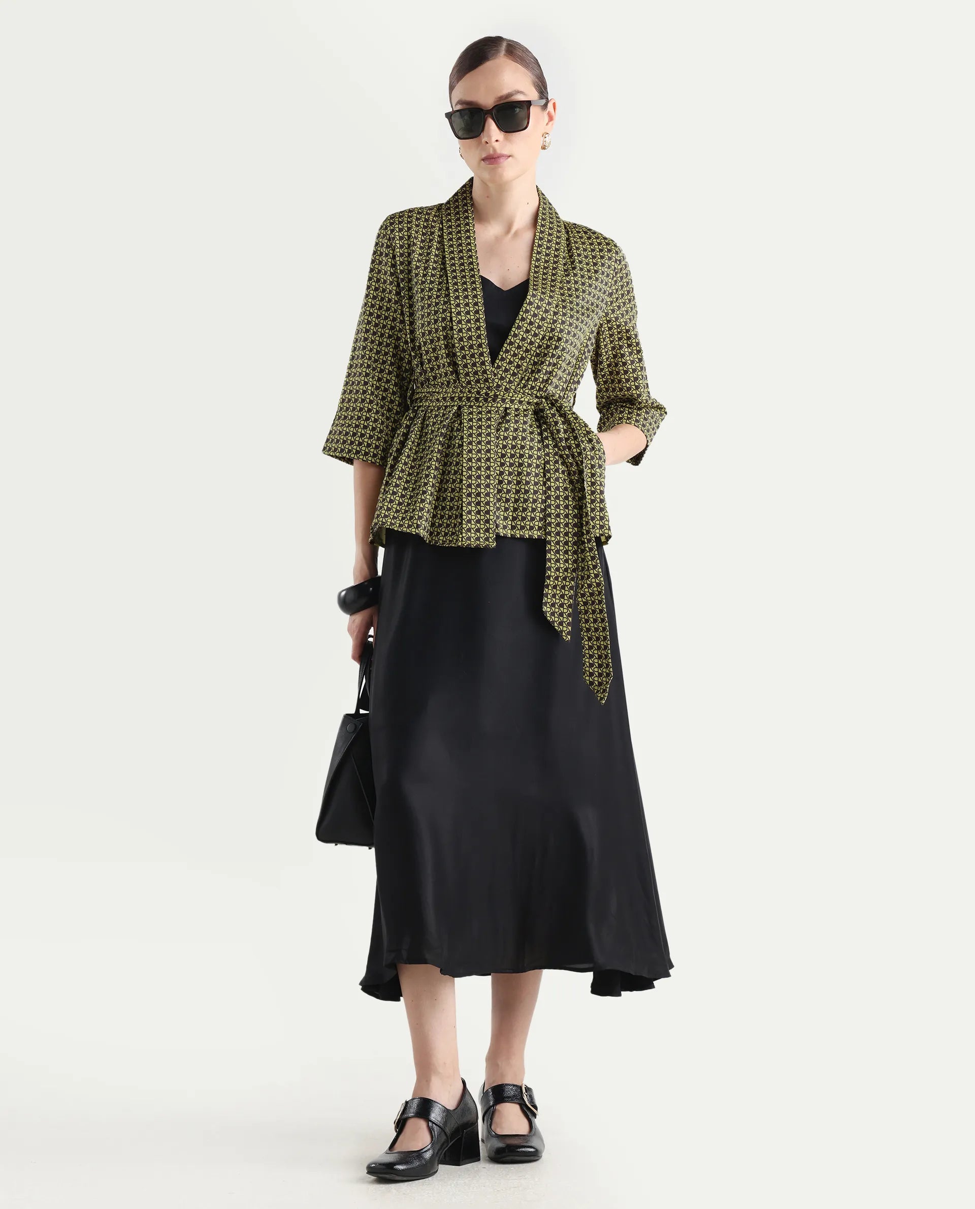 Rareism Women's Geomo-T Yellow Cotton Overlap Neck Monogram Print Regular Fit Shrug