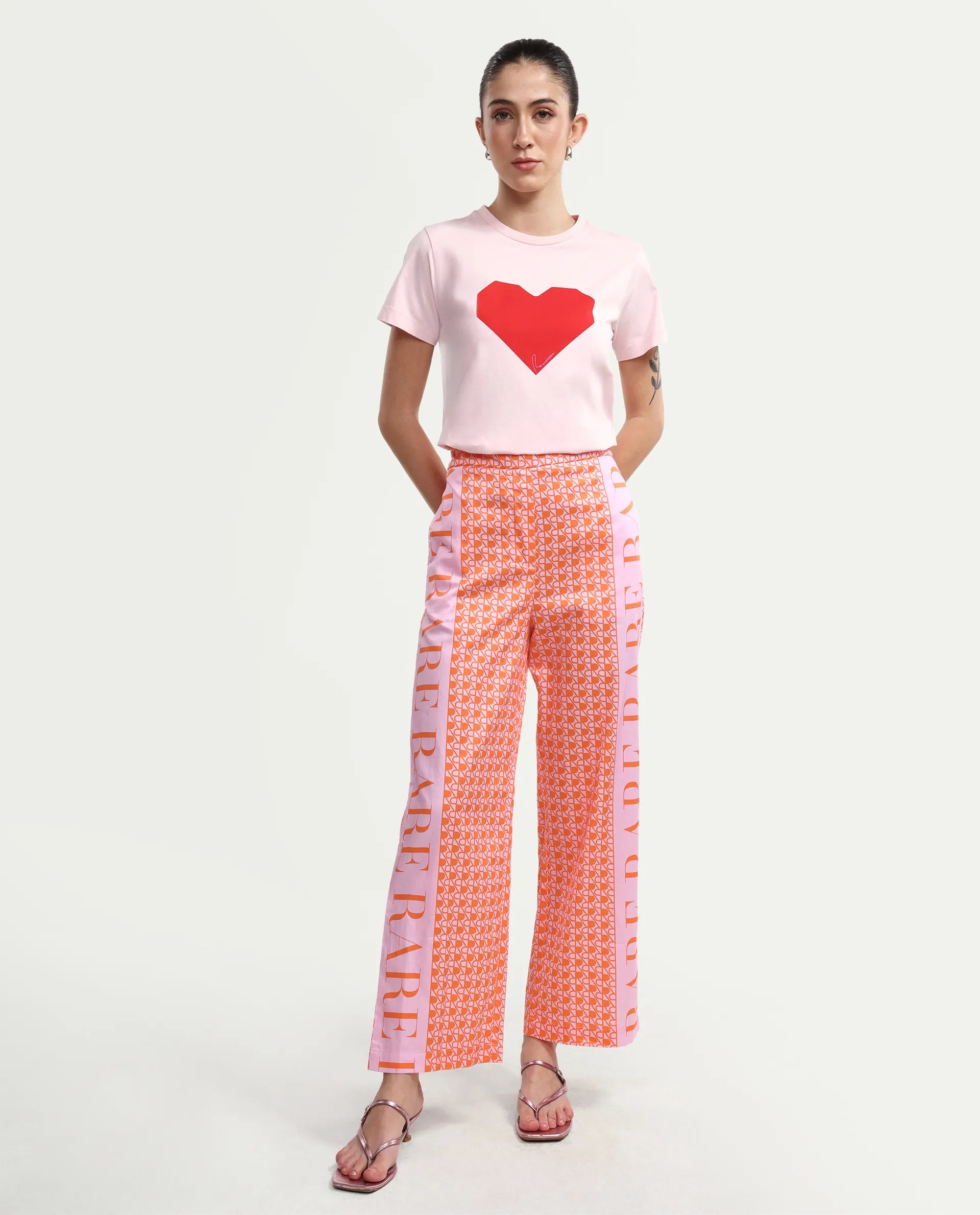 Rareism Women's Zyon-B Pink Cotton Monogram Print Ankle Length Straight Fit Trouser