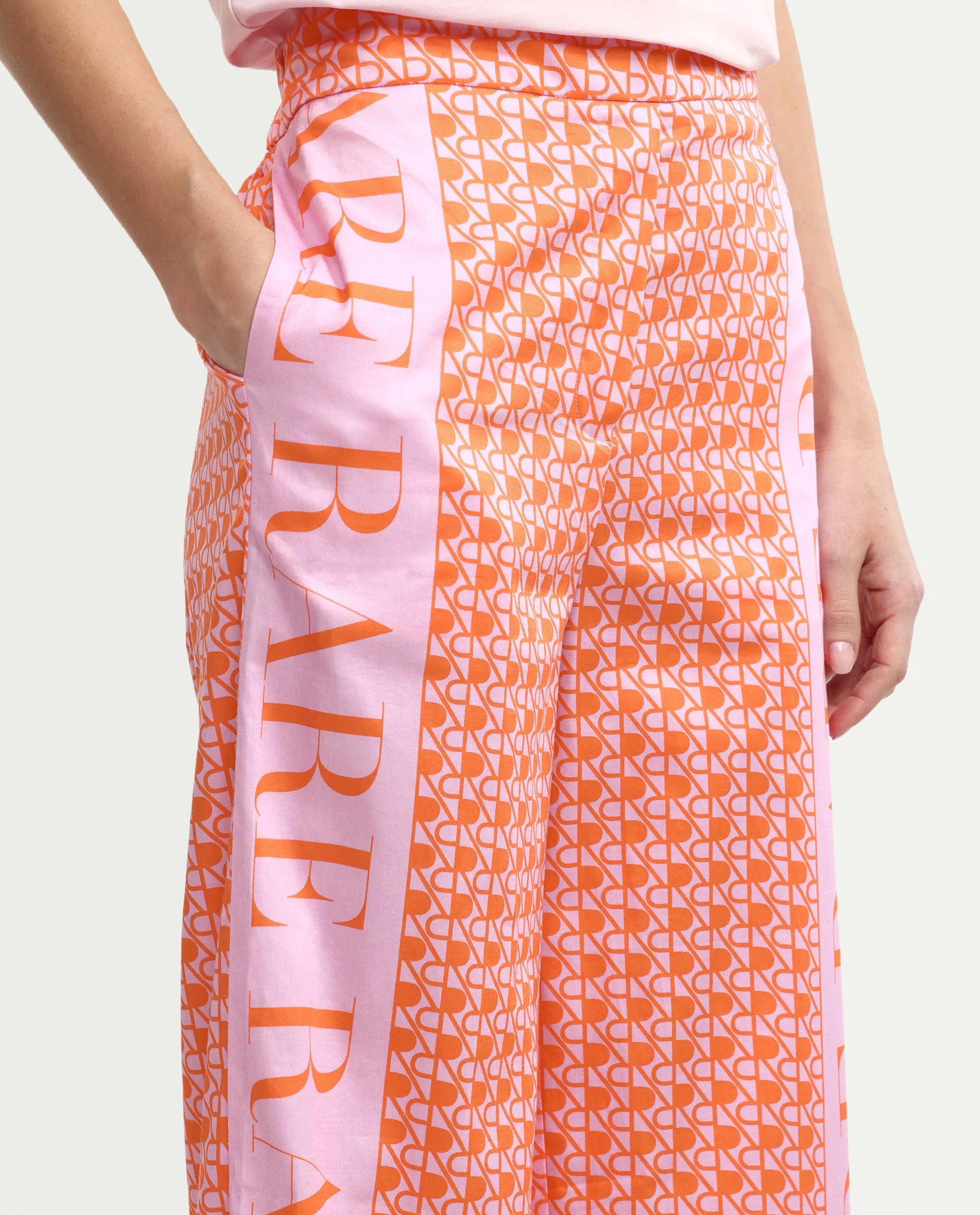 Rareism Women's Zyon-B Pink Cotton Monogram Print Ankle Length Straight Fit Trouser