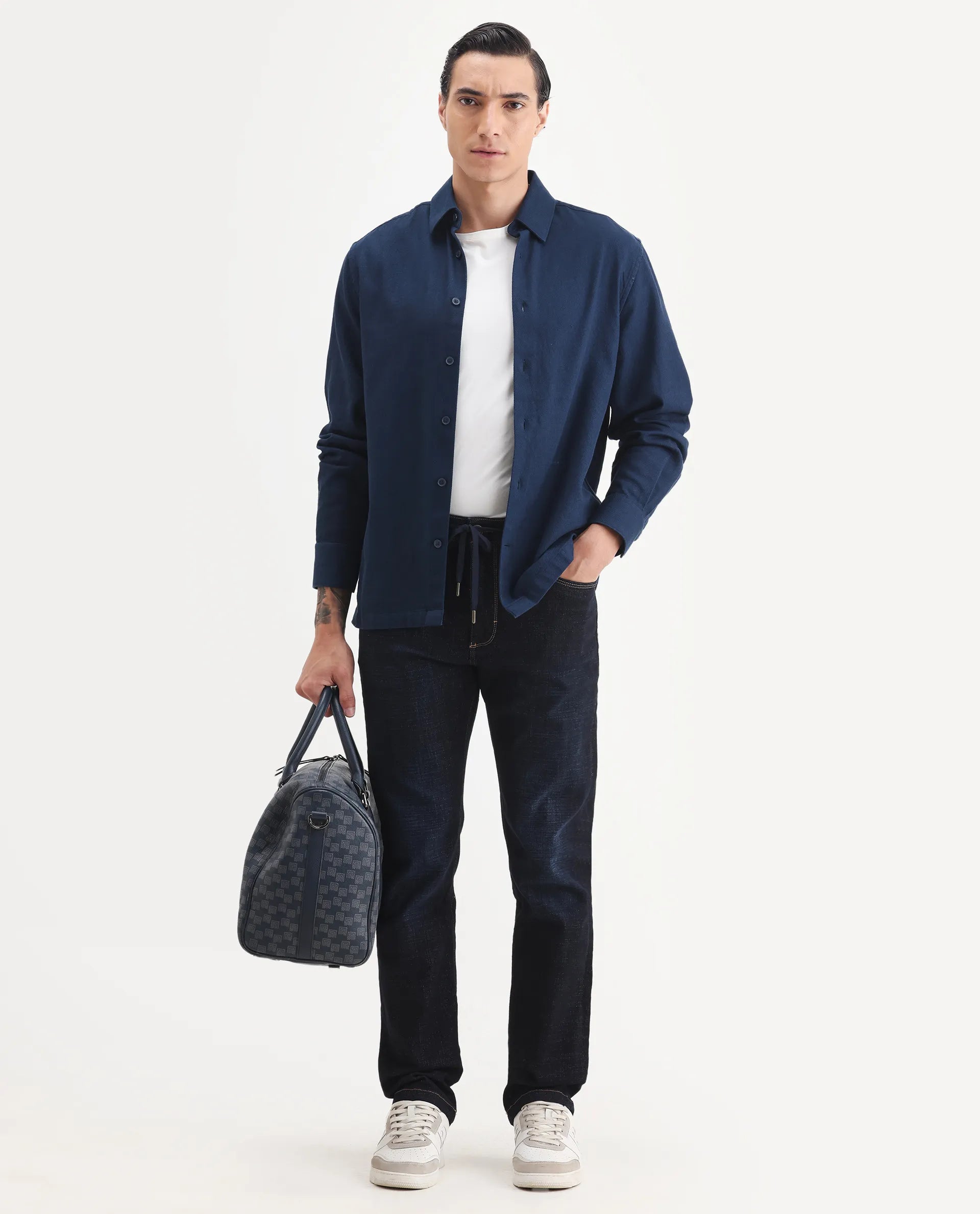 Rare Rabbit Men's Hayk Dark Blue Cotton Blend Plain Morris Regular Fit Jeans