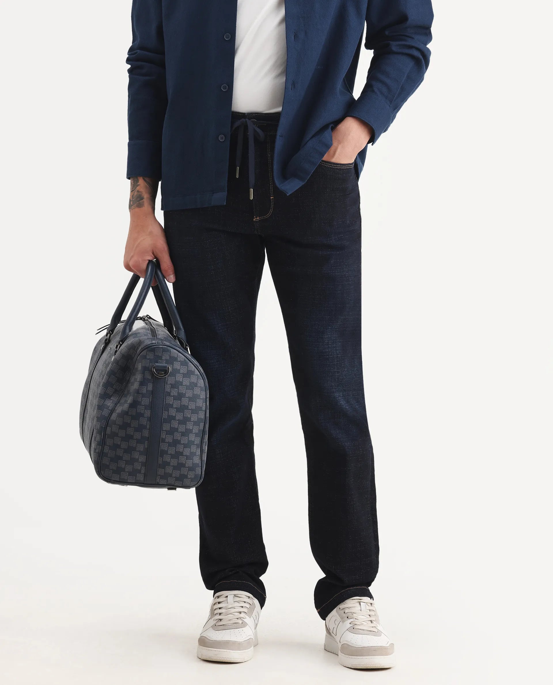 Rare Rabbit Men's Hayk Dark Blue Cotton Blend Plain Morris Regular Fit Jeans