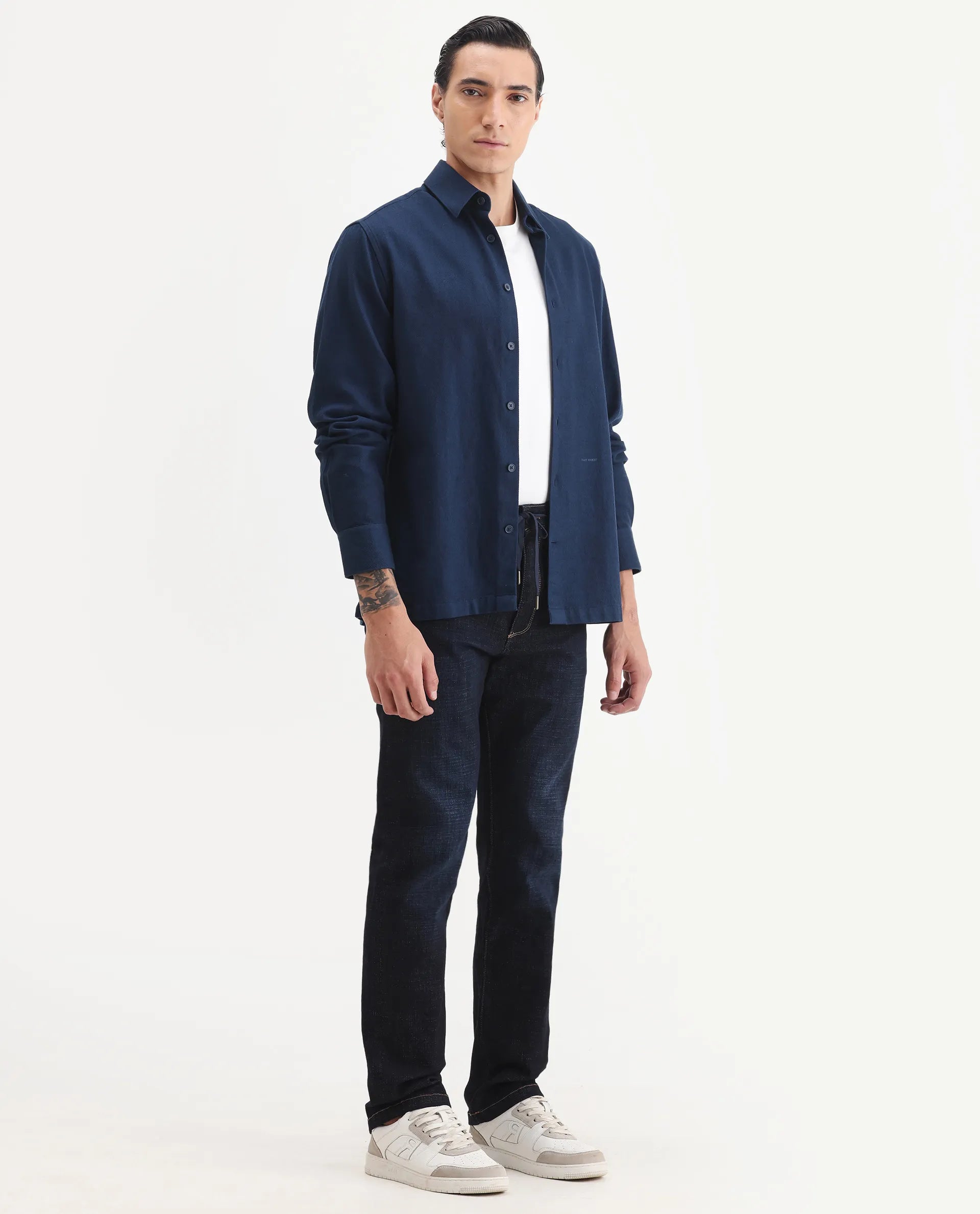 Rare Rabbit Men's Hayk Dark Blue Cotton Blend Plain Morris Regular Fit Jeans