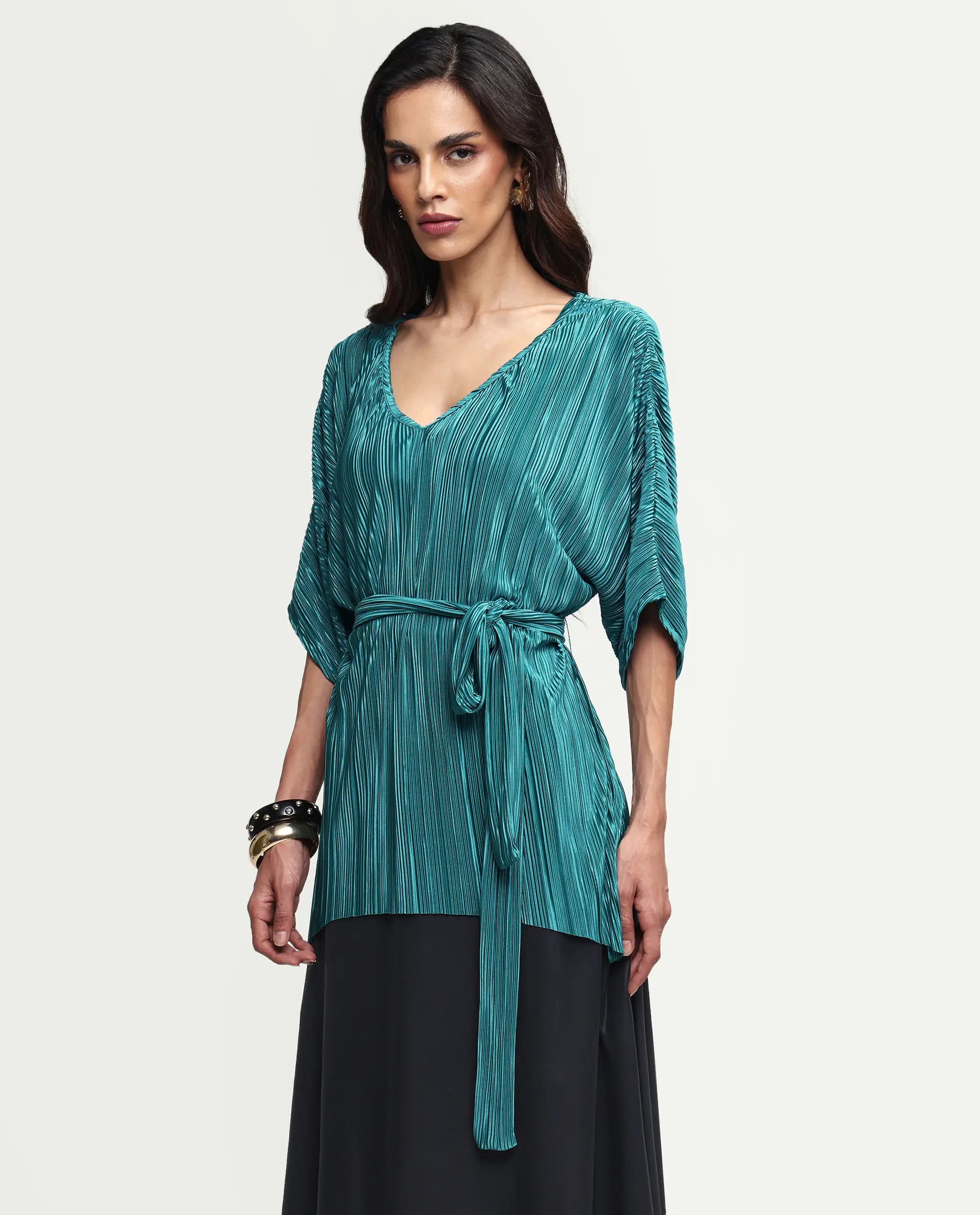 Rareism Women's Belgarde-T Petrol Polyester V-Neck Plain Extended Sleeves Relaxed Fit Top