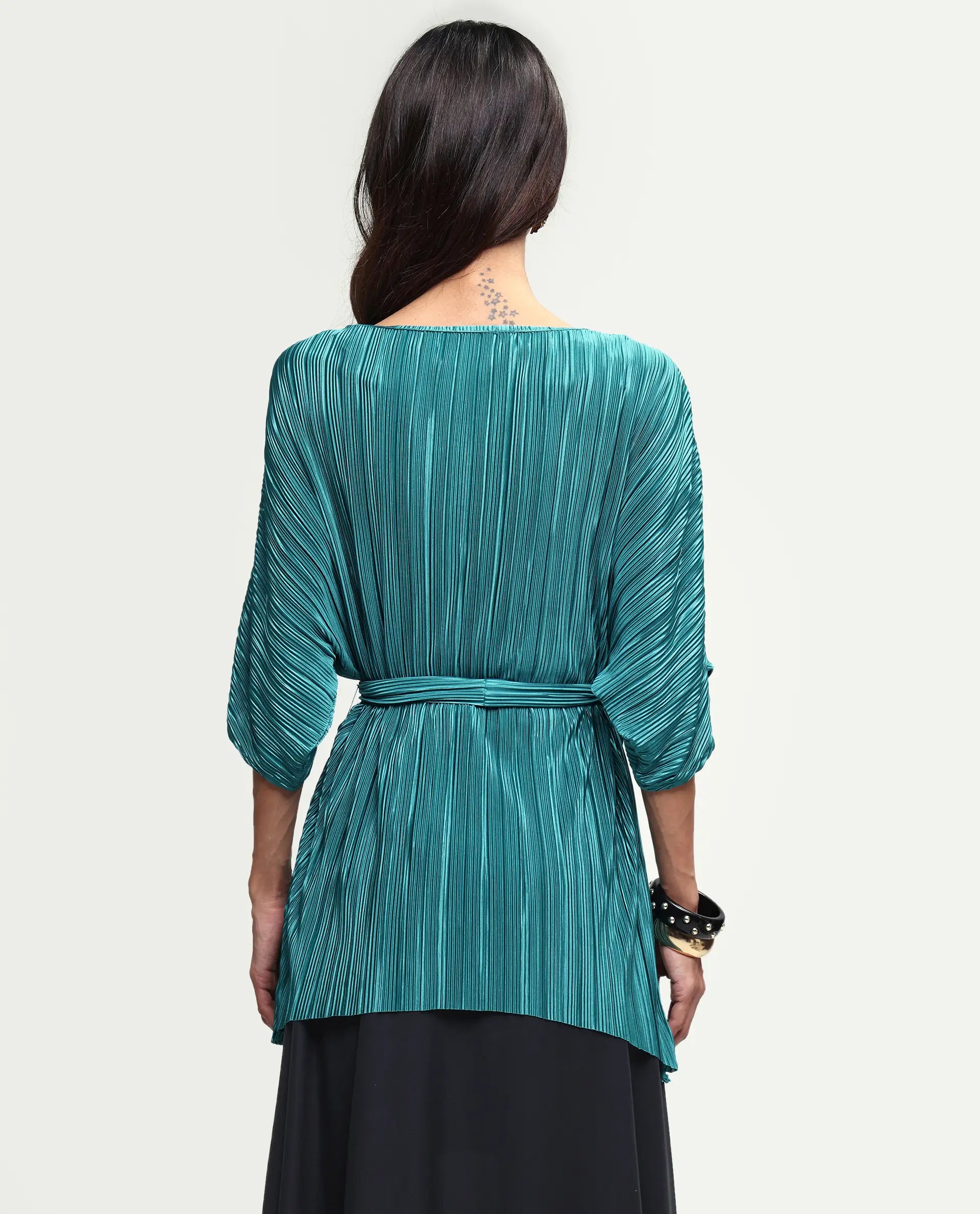 Rareism Women's Belgarde-T Petrol Polyester V-Neck Plain Extended Sleeves Relaxed Fit Top
