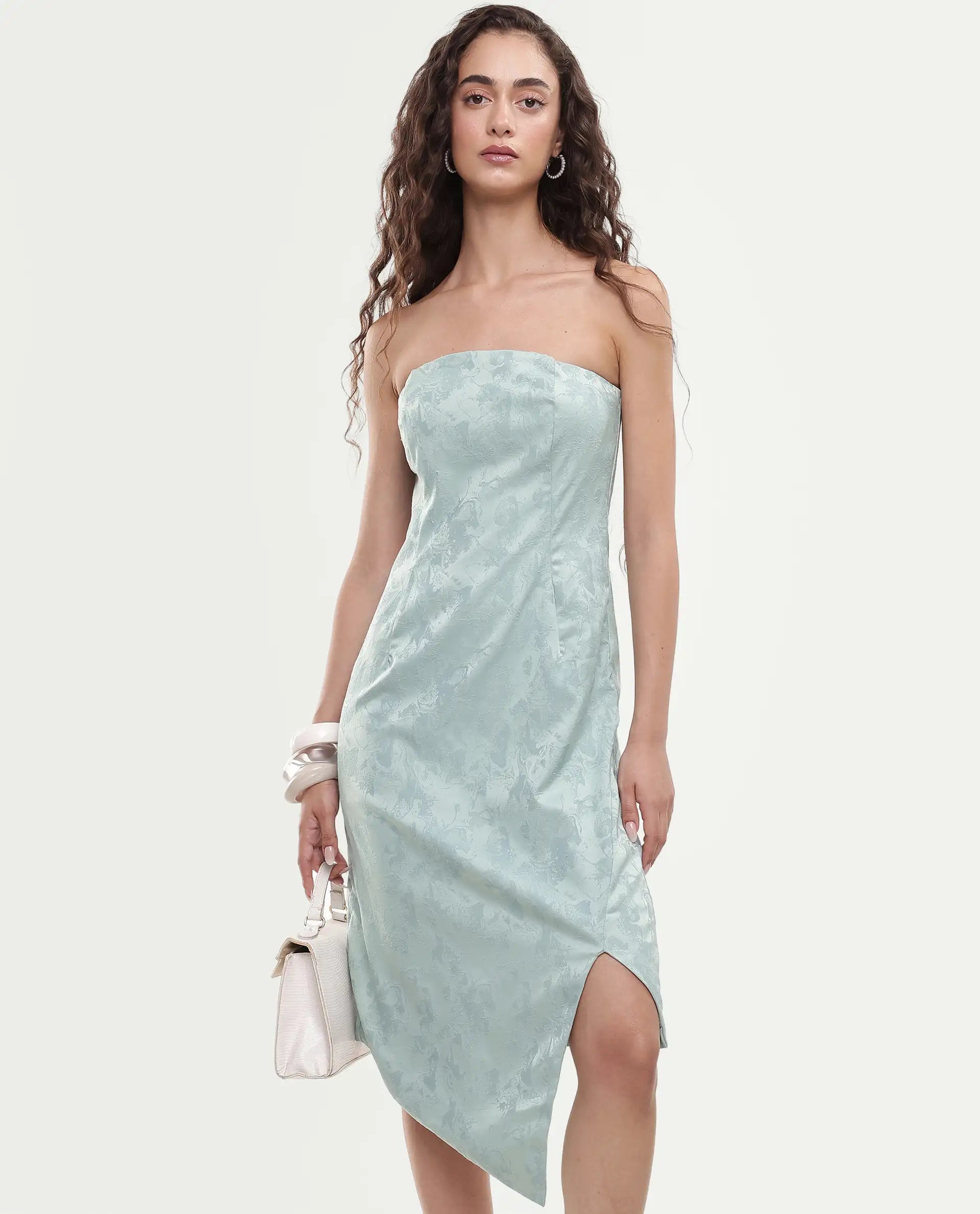 Rareism Women's Krakow Light Blue Polyester Shoulder Strap Plain Sleeveless Knee Length Bodycon Dress